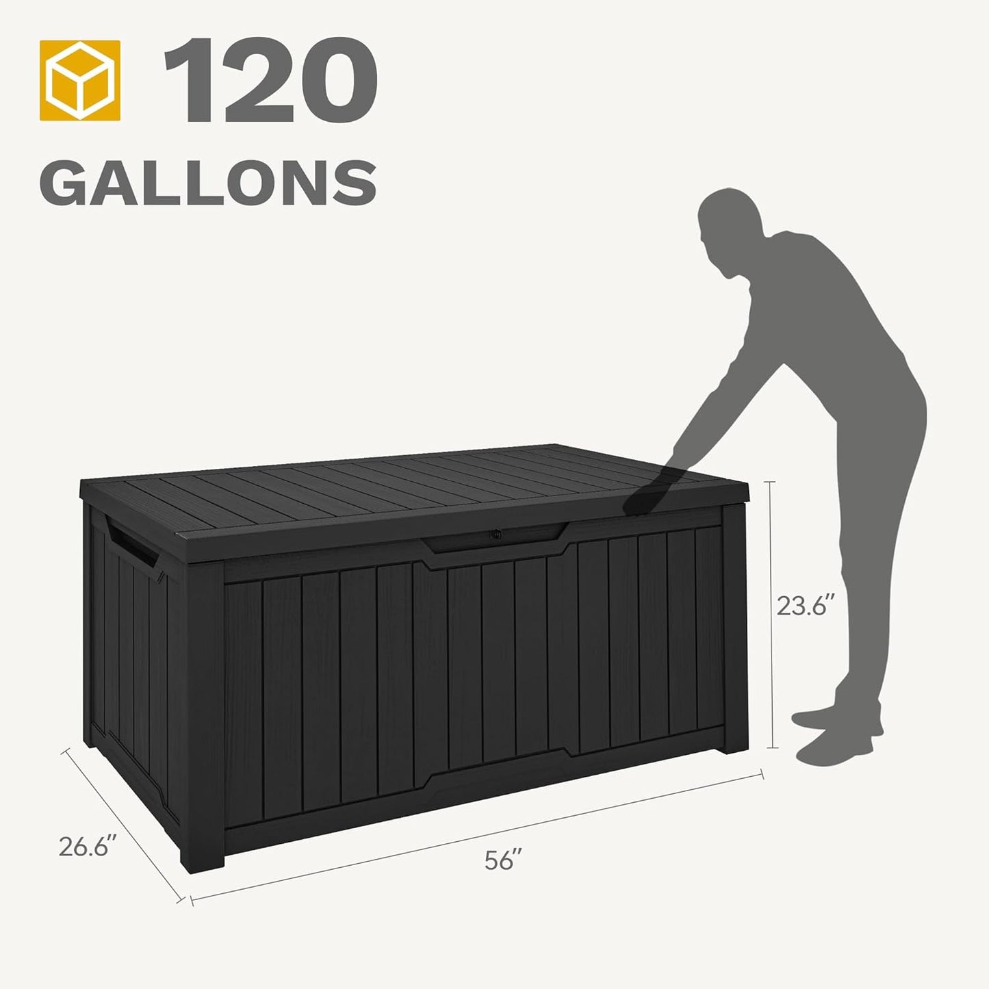 DWVO 120 Gallon Outdoor Storage Box, Large Lockable Resin Deck Box, Water Resistant Patio Storage Box for Tools, Cushions, Supplies - Black
