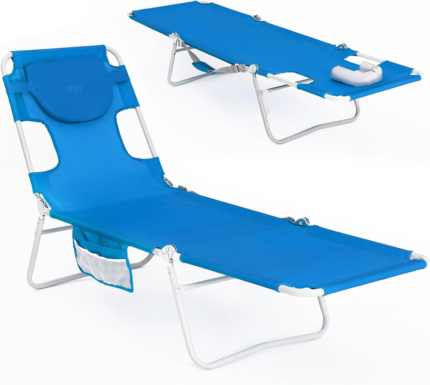 #WEJOY Folding Tanning Chair with Face Hole, 5 Positions Face Down Beach Lounge Chairs with Pillow for Outside Sunbathing Poolside (Cyan)
