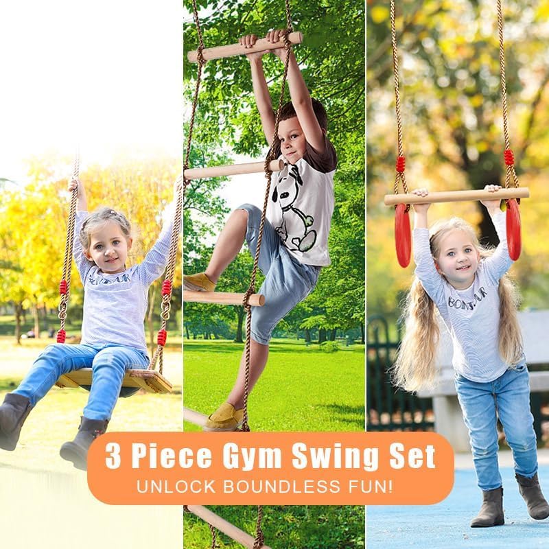 3 Pcs Gym Swing Set Includes Wooden Swing, Trapeze Bar with Rings & Climbing Rope Ladder for Kids, Indoor/Outdoor Play Equipment Combo Toy Gift with Hanging Hooks