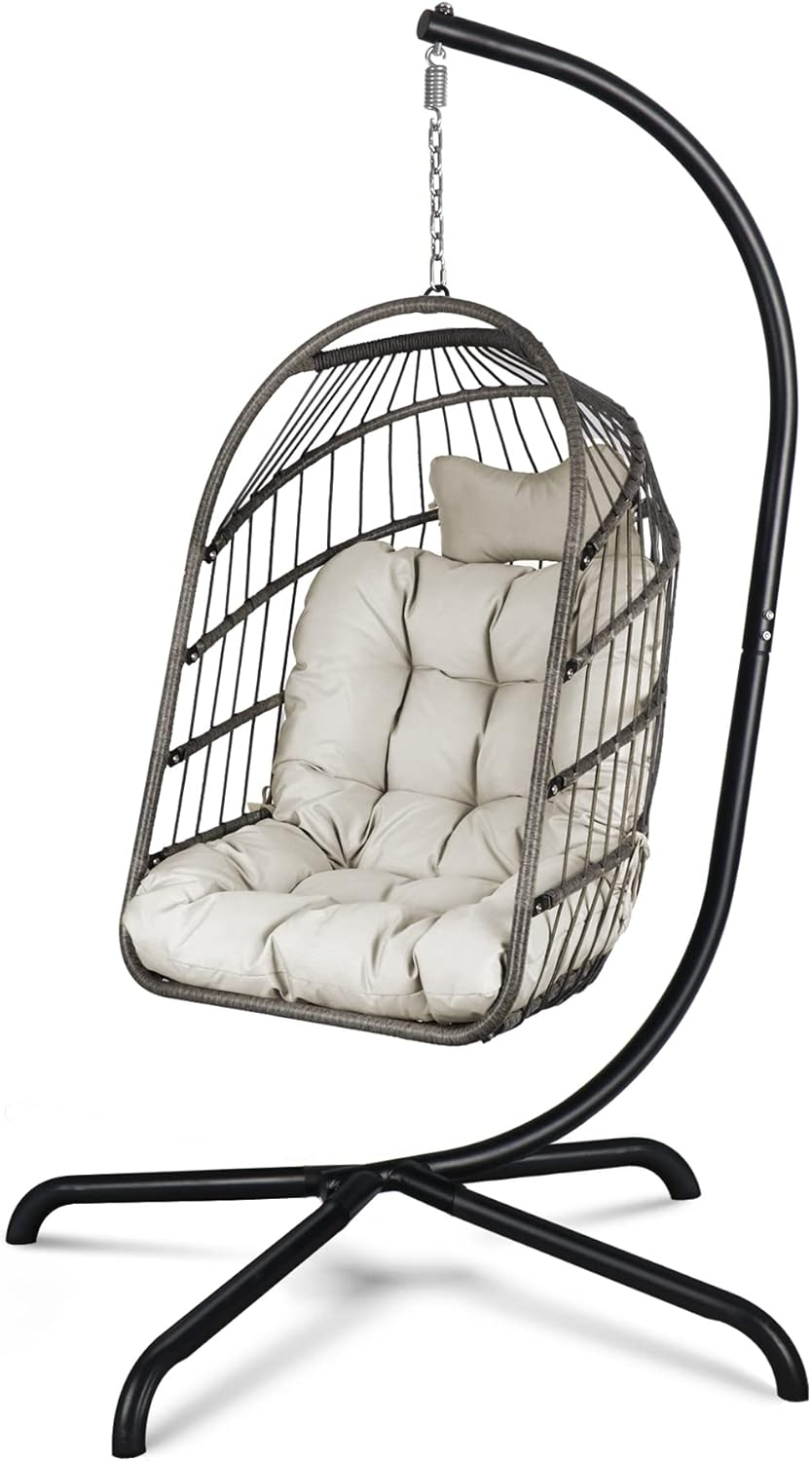 Chihee Egg Chair Foldable Wicker Rattan Hanging Chair Swing Chair Indoor Outdoor Patio Wicker Chair Hammock Chair with Stainless Steel Hanging Kit Chain Link UV Resistant Cushion Bedroom Balcony