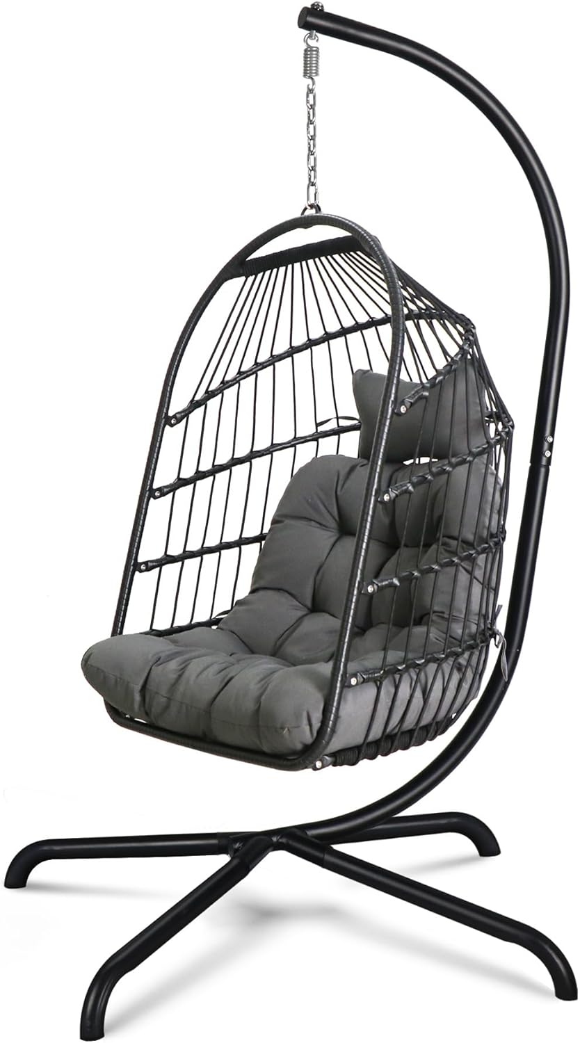 Chihee Egg Chair Foldable Wicker Rattan Hanging Chair Swing Chair Indoor Outdoor Patio Wicker Chair Hammock Chair with Stainless Steel Hanging Kit Chain Link UV Resistant Cushion Bedroom Balcony