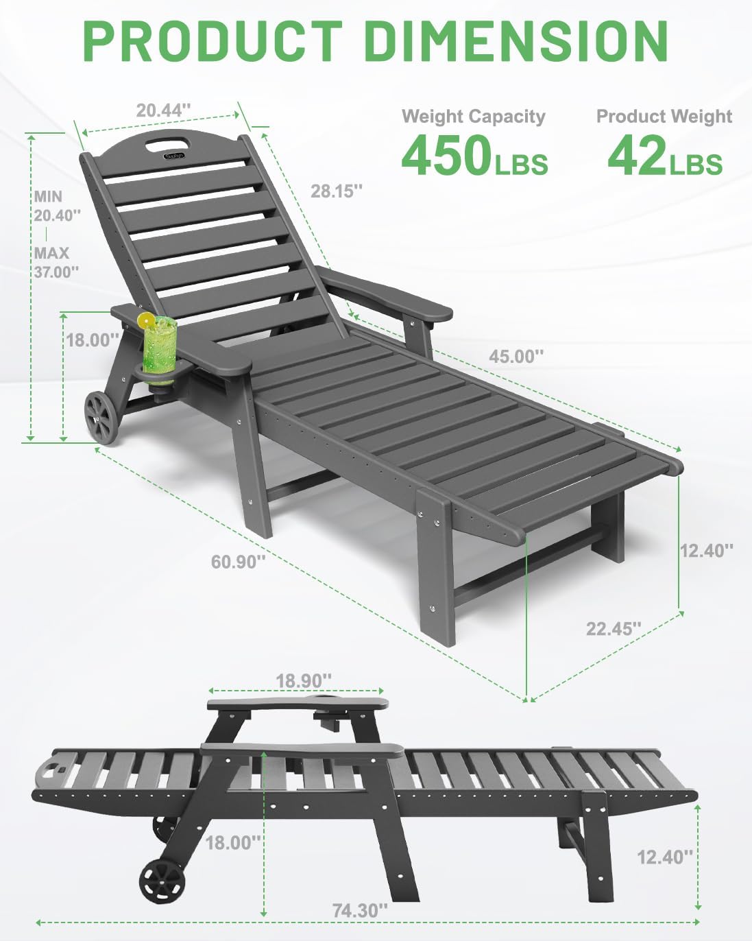 Lounge Chair Outdoor, Chaise Lounge Chair Outdoor, HDPE 6-Position Lounge Chair for Outside, Patio Lounge Chair with Wheels & Cup Holder for Pool Poolside Deck Backyard, Grey