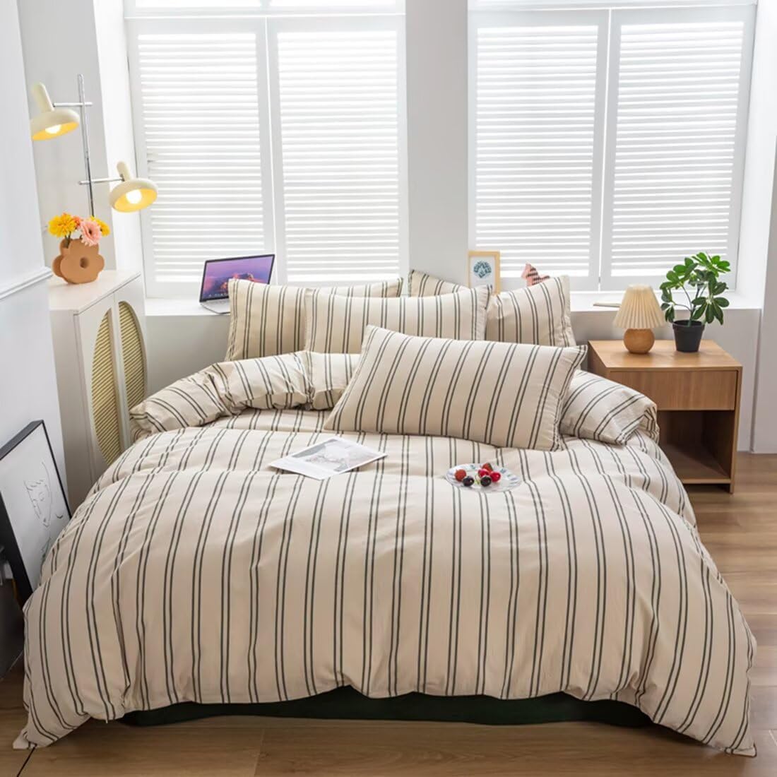 Mucalis Tan Gingham Duvet Cover King 100% Washed Cotton Beige Cream Checked Duvet Cover Set Modern Plaid 3 Piece Grid Bedding Set with Zipper Closure Corner Ties,Durable,Breathable,Easy Care