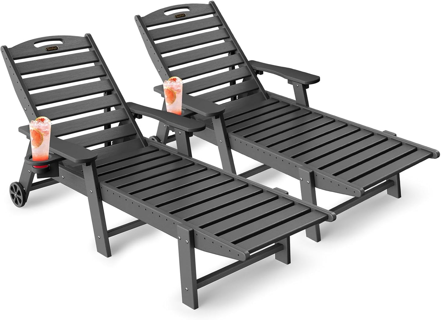 Lounge Chair Outdoor, Chaise Lounge Chair Outdoor, HDPE 6-Position Lounge Chair for Outside, Patio Lounge Chair with Wheels & Cup Holder for Pool Poolside Deck Backyard, Grey