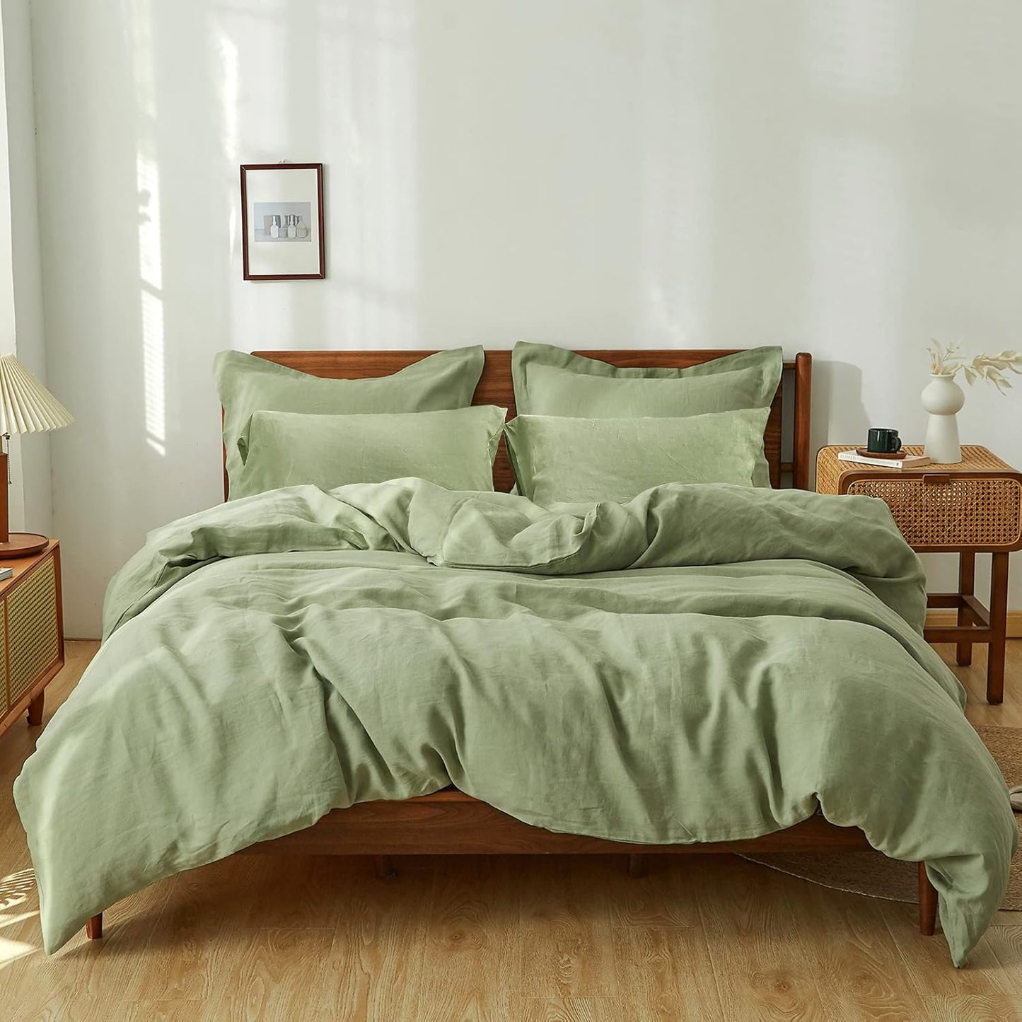 Simple&Opulence 100% Linen Duvet Cover Set 3pcs Basic Style Natural French Washed Flax Solid Color Soft Breathable Farmhouse Bedding with Button Closure - White, Queen