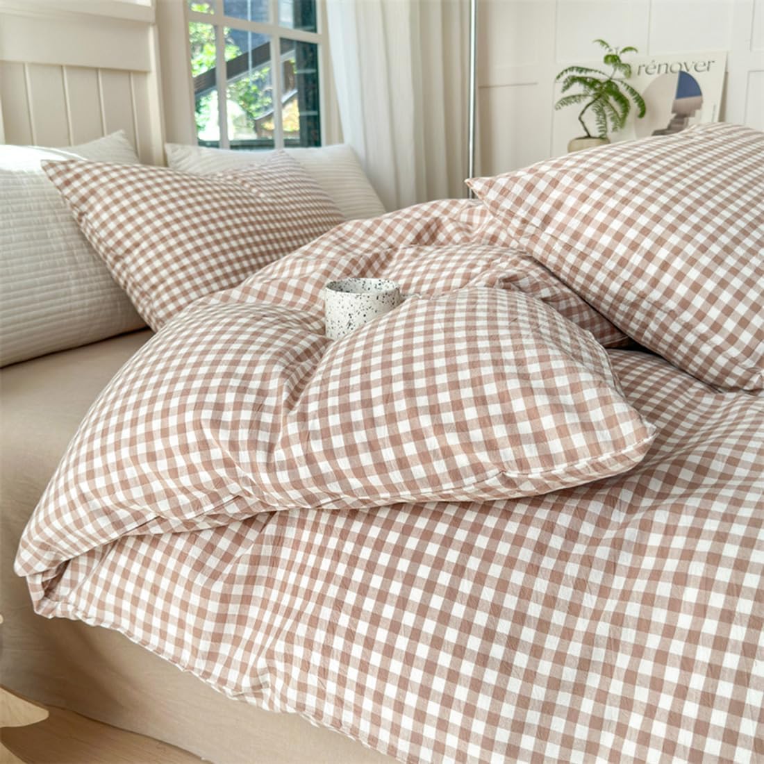 Mucalis Tan Gingham Duvet Cover King 100% Washed Cotton Beige Cream Checked Duvet Cover Set Modern Plaid 3 Piece Grid Bedding Set with Zipper Closure Corner Ties,Durable,Breathable,Easy Care