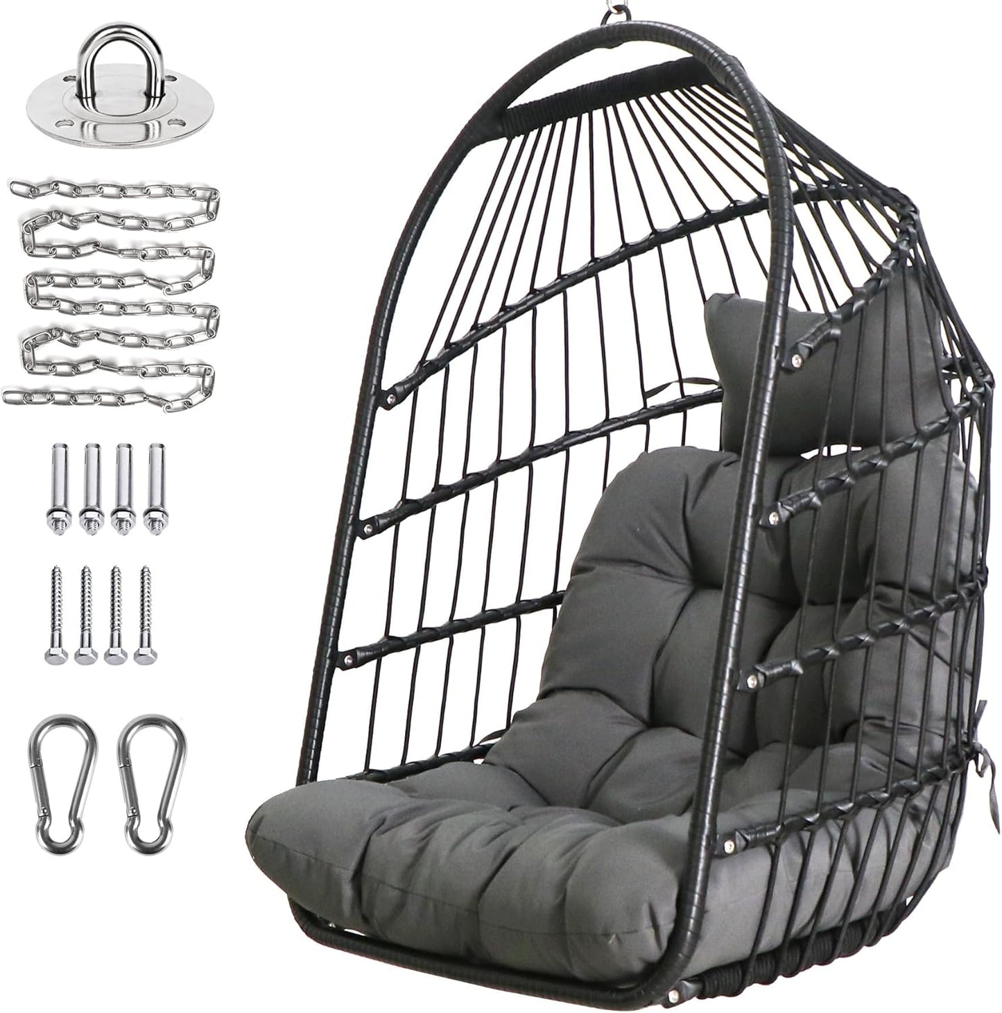 Chihee Egg Chair Foldable Wicker Rattan Hanging Chair Swing Chair Indoor Outdoor Patio Wicker Chair Hammock Chair with Stainless Steel Hanging Kit Chain Link UV Resistant Cushion Bedroom Balcony