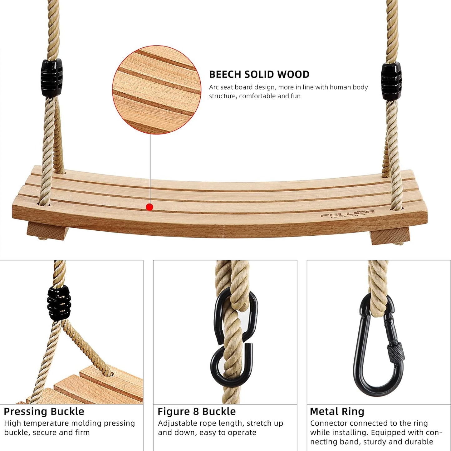 Pellor Wood Tree Swing Seat,Indoor Outdoor Rope Wooden Swing Set for Children Adult Kids (Burlywood)