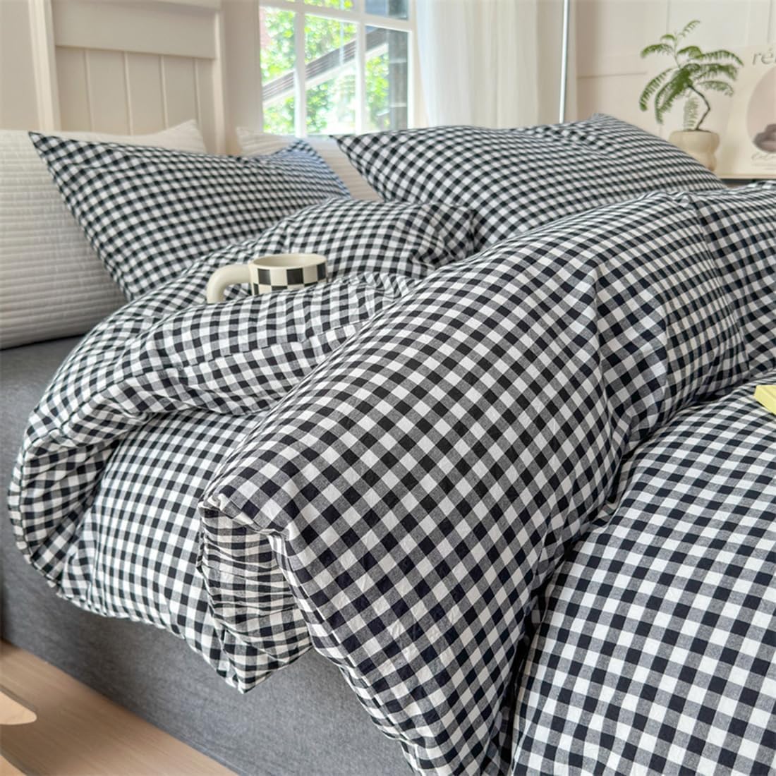 Mucalis Tan Gingham Duvet Cover King 100% Washed Cotton Beige Cream Checked Duvet Cover Set Modern Plaid 3 Piece Grid Bedding Set with Zipper Closure Corner Ties,Durable,Breathable,Easy Care
