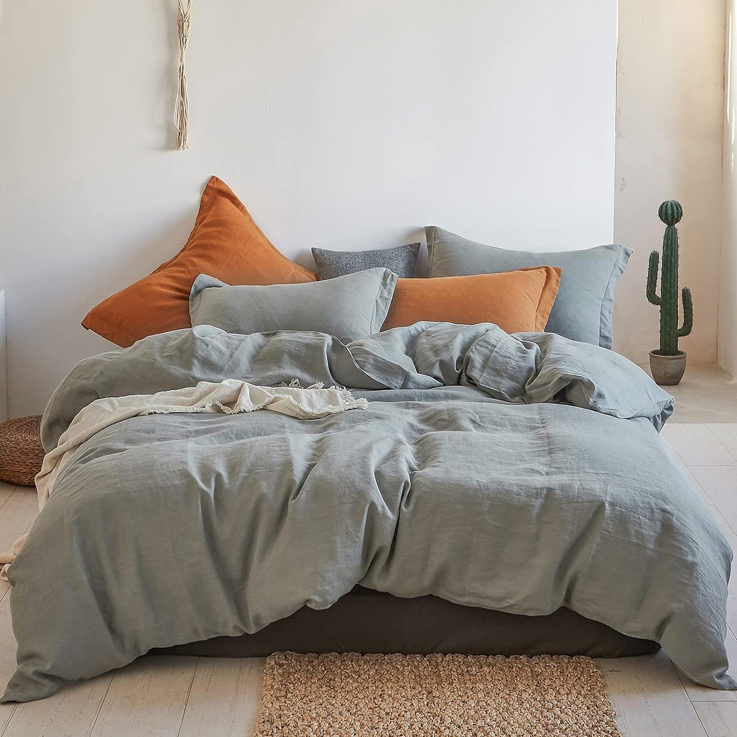 Simple&Opulence 100% Linen Duvet Cover Set 3pcs Basic Style Natural French Washed Flax Solid Color Soft Breathable Farmhouse Bedding with Button Closure - White, Queen