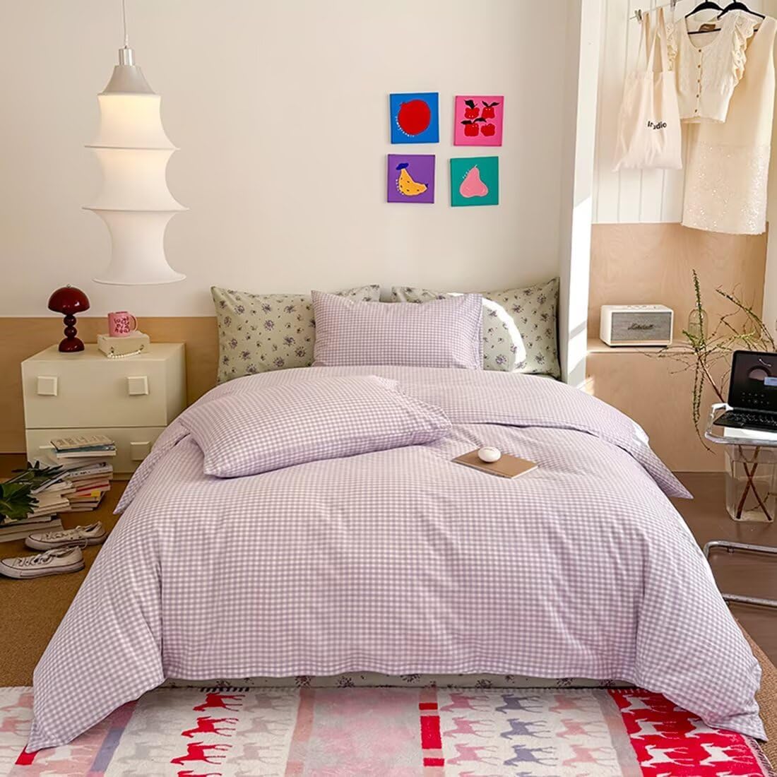 Mucalis Tan Gingham Duvet Cover King 100% Washed Cotton Beige Cream Checked Duvet Cover Set Modern Plaid 3 Piece Grid Bedding Set with Zipper Closure Corner Ties,Durable,Breathable,Easy Care