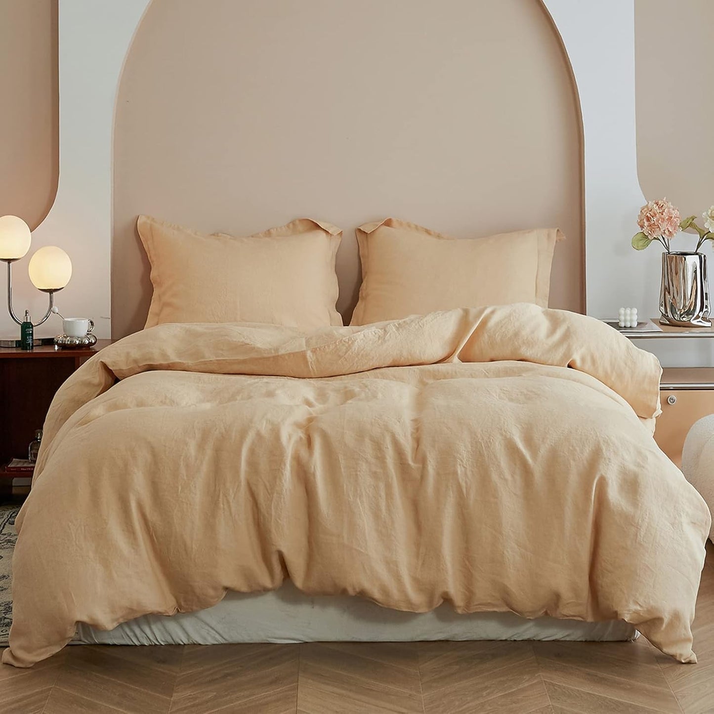 Simple&Opulence 100% Linen Duvet Cover Set 3pcs Basic Style Natural French Washed Flax Solid Color Soft Breathable Farmhouse Bedding with Button Closure - White, Queen