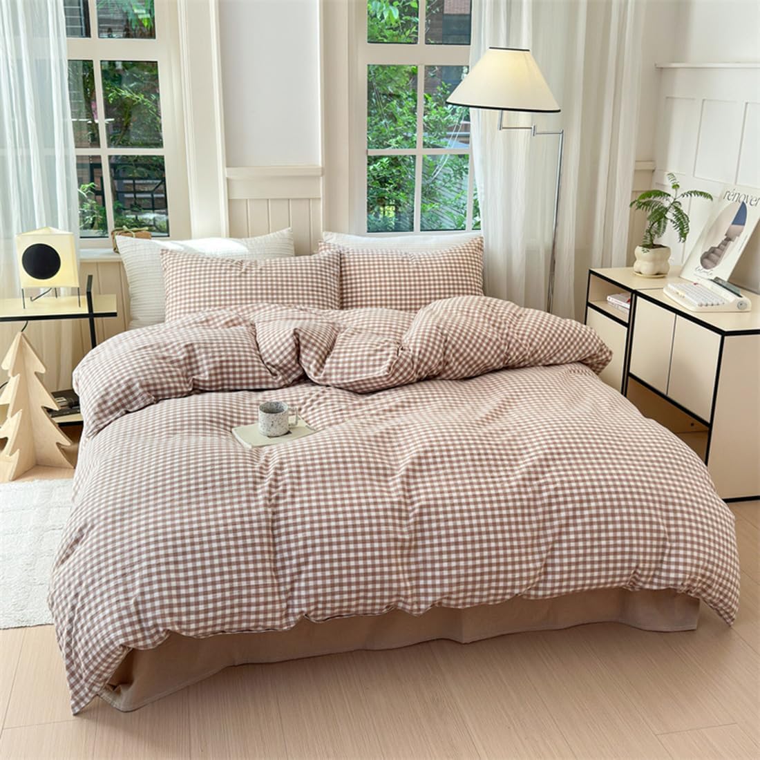 Mucalis Tan Gingham Duvet Cover King 100% Washed Cotton Beige Cream Checked Duvet Cover Set Modern Plaid 3 Piece Grid Bedding Set with Zipper Closure Corner Ties,Durable,Breathable,Easy Care