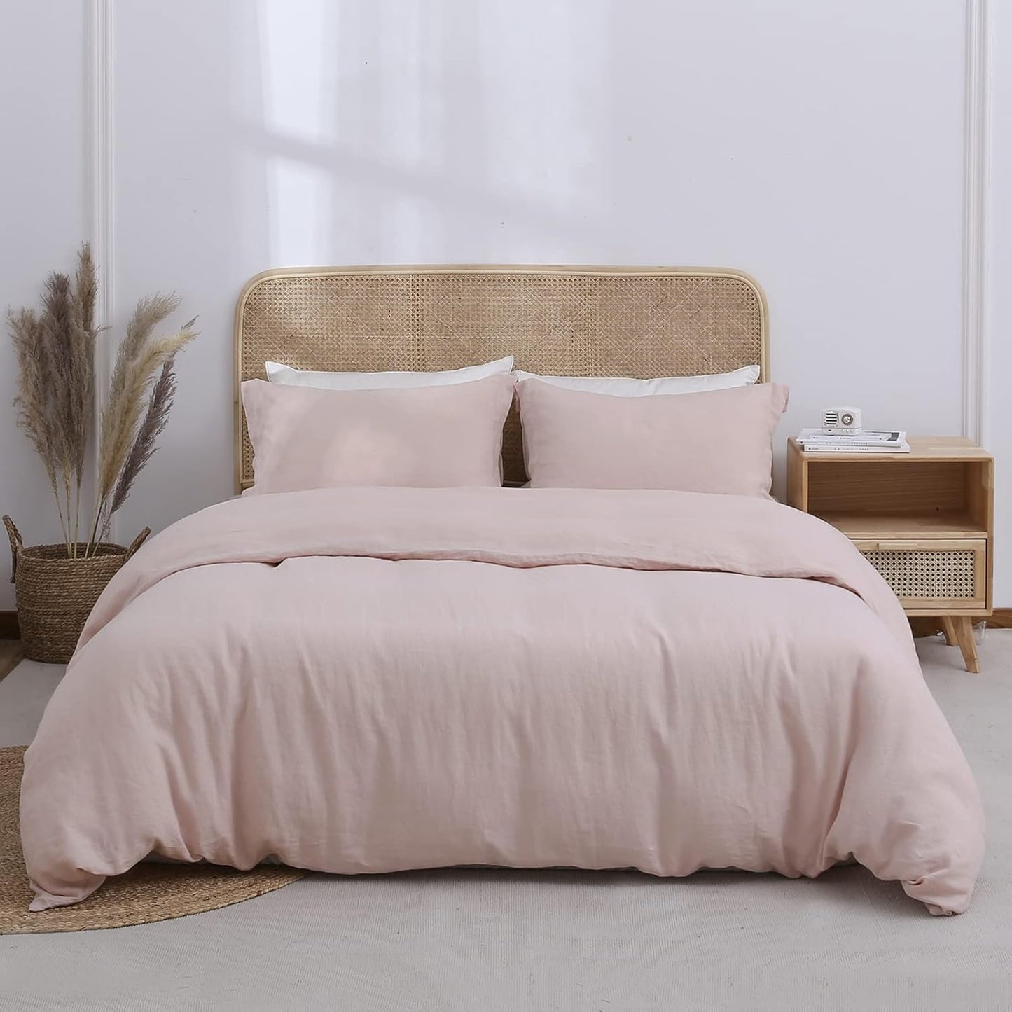 Simple&Opulence 100% Linen Duvet Cover Set 3pcs Basic Style Natural French Washed Flax Solid Color Soft Breathable Farmhouse Bedding with Button Closure - White, Queen