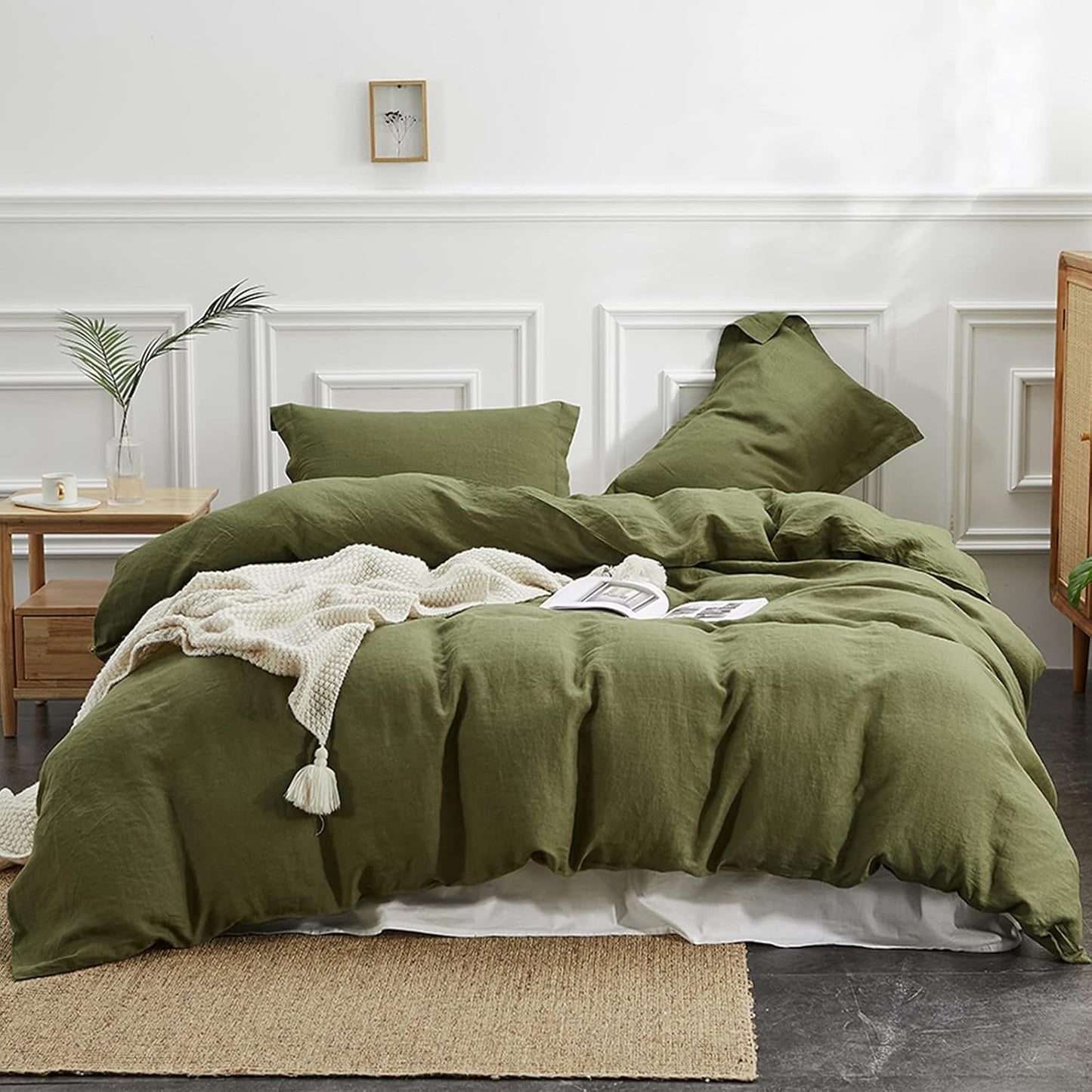Simple&Opulence 100% Linen Duvet Cover Set 3pcs Basic Style Natural French Washed Flax Solid Color Soft Breathable Farmhouse Bedding with Button Closure - White, Queen