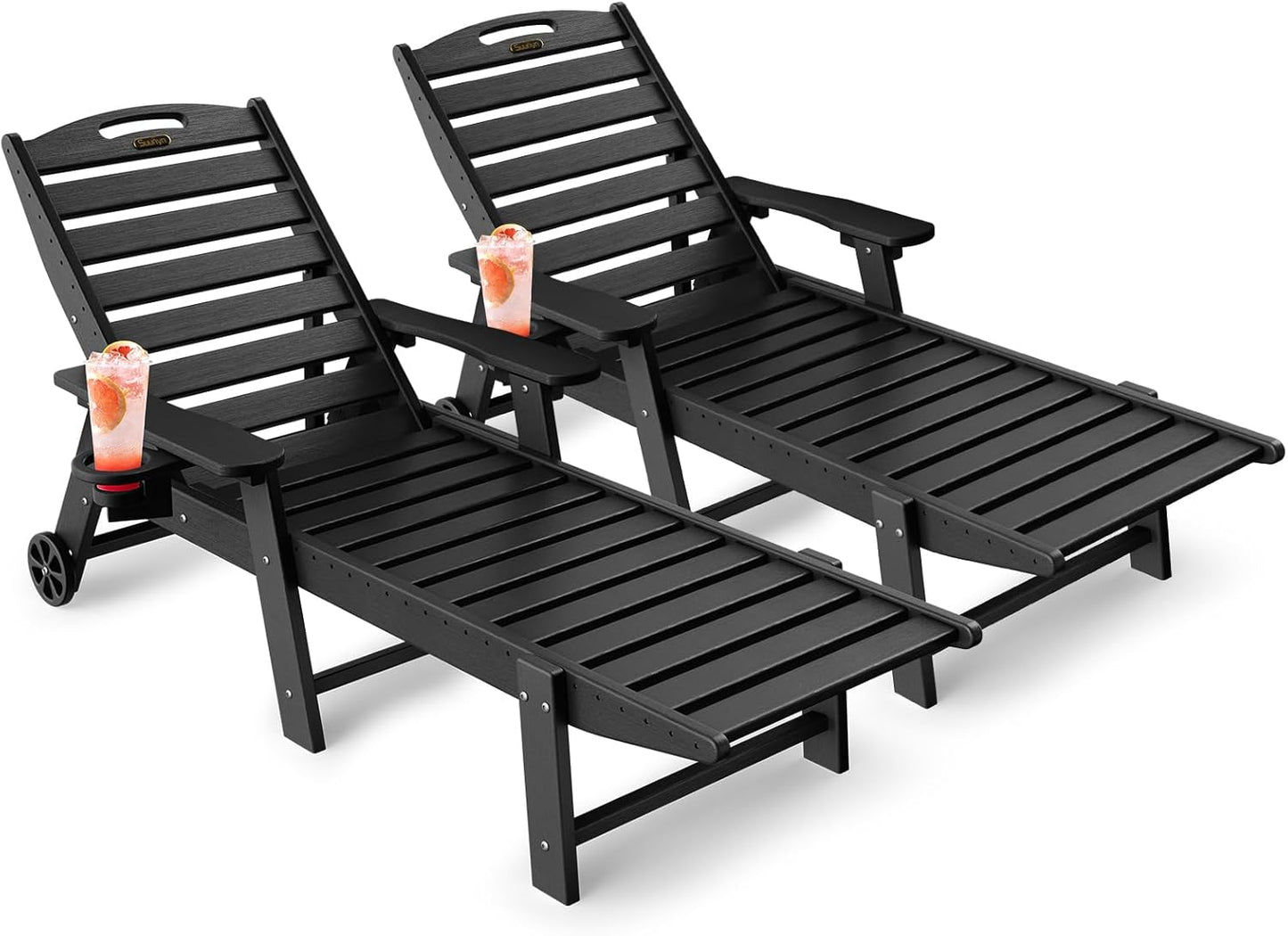Lounge Chair Outdoor, Chaise Lounge Chair Outdoor, HDPE 6-Position Lounge Chair for Outside, Patio Lounge Chair with Wheels & Cup Holder for Pool Poolside Deck Backyard, Grey