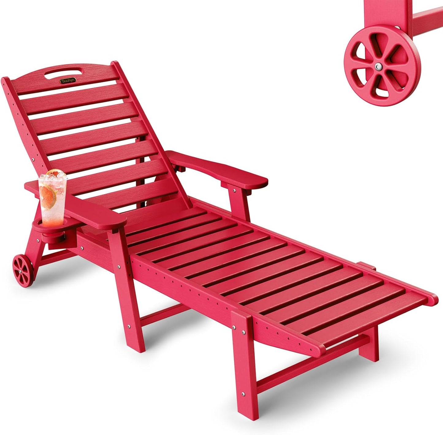 Lounge Chair Outdoor, Chaise Lounge Chair Outdoor, HDPE 6-Position Lounge Chair for Outside, Patio Lounge Chair with Wheels & Cup Holder for Pool Poolside Deck Backyard, Grey