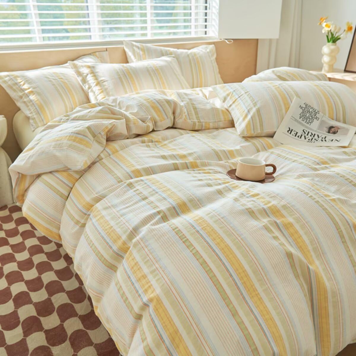 Mucalis Tan Gingham Duvet Cover King 100% Washed Cotton Beige Cream Checked Duvet Cover Set Modern Plaid 3 Piece Grid Bedding Set with Zipper Closure Corner Ties,Durable,Breathable,Easy Care
