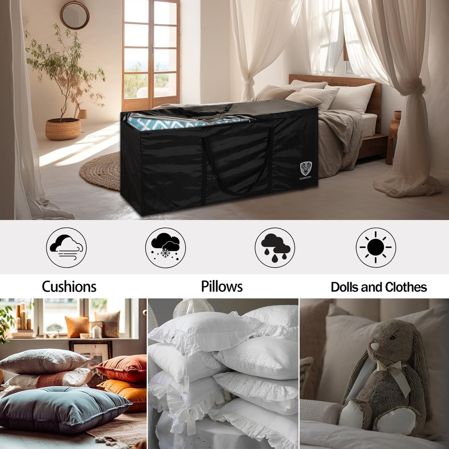 Outdoor Cushion Storage Bag Waterproof Square Large Patio Storage Bags with Zipper for Outdoor Furniture Cushion, 65 x20 x28IN