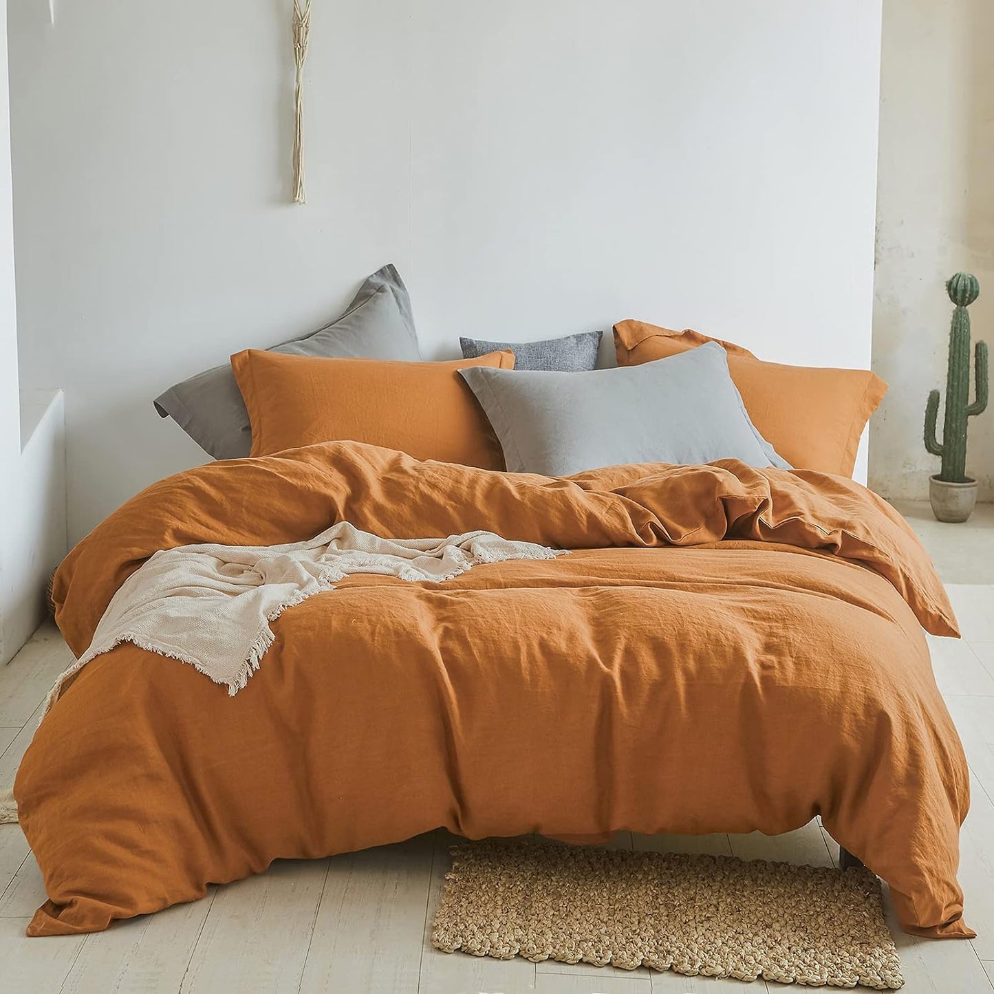 Simple&Opulence 100% Linen Duvet Cover Set 3pcs Basic Style Natural French Washed Flax Solid Color Soft Breathable Farmhouse Bedding with Button Closure - White, Queen