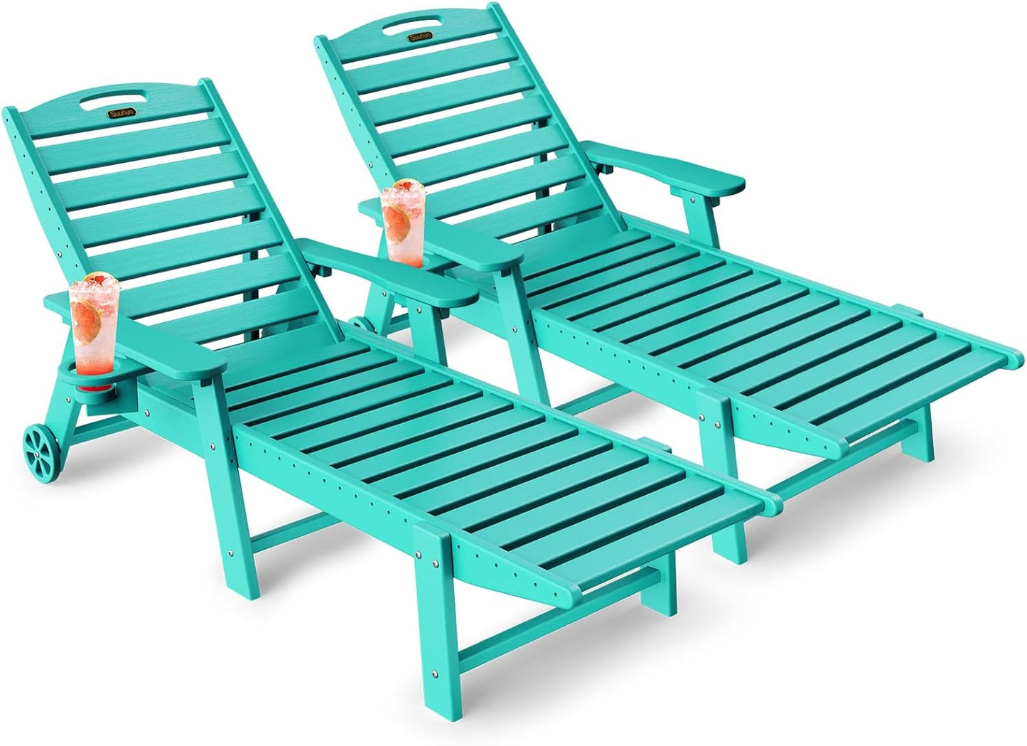 Lounge Chair Outdoor, Chaise Lounge Chair Outdoor, HDPE 6-Position Lounge Chair for Outside, Patio Lounge Chair with Wheels & Cup Holder for Pool Poolside Deck Backyard, Grey