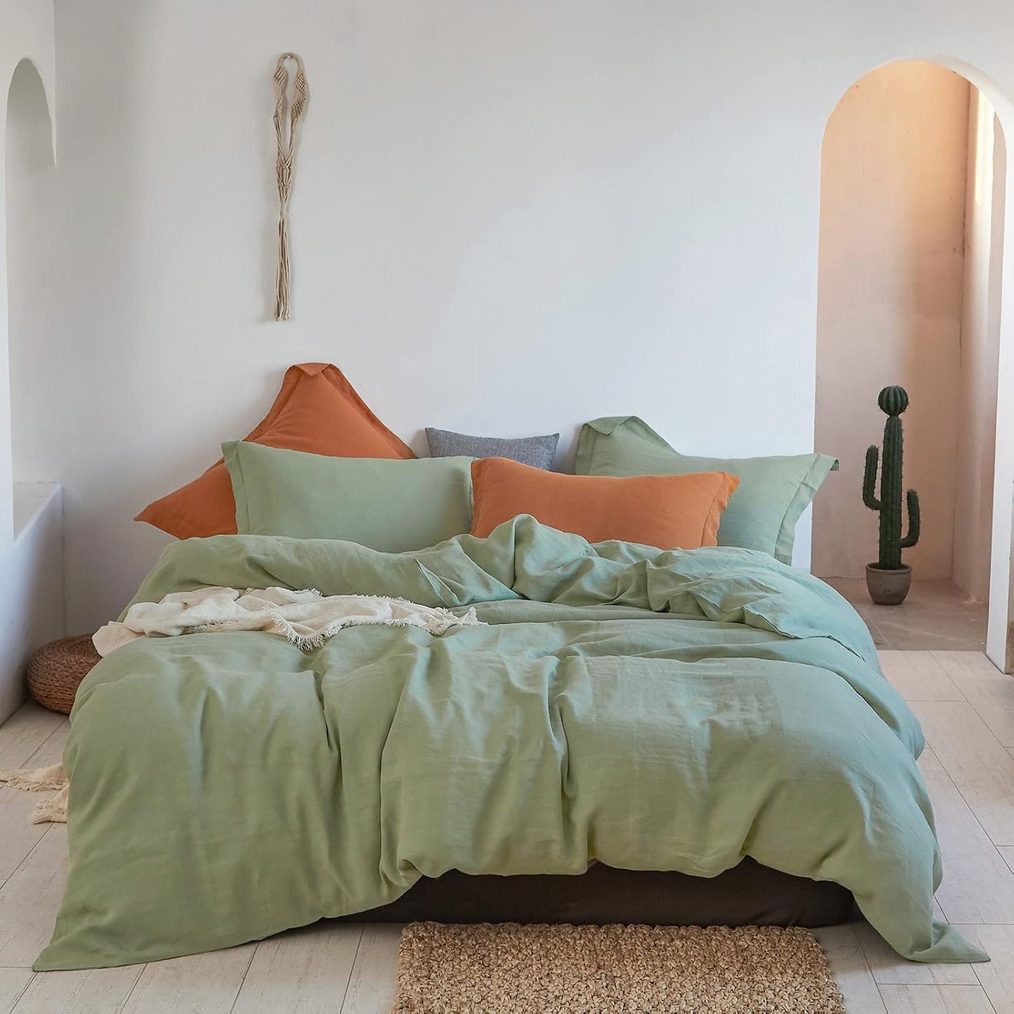 Simple&Opulence 100% Linen Duvet Cover Set 3pcs Basic Style Natural French Washed Flax Solid Color Soft Breathable Farmhouse Bedding with Button Closure - White, Queen