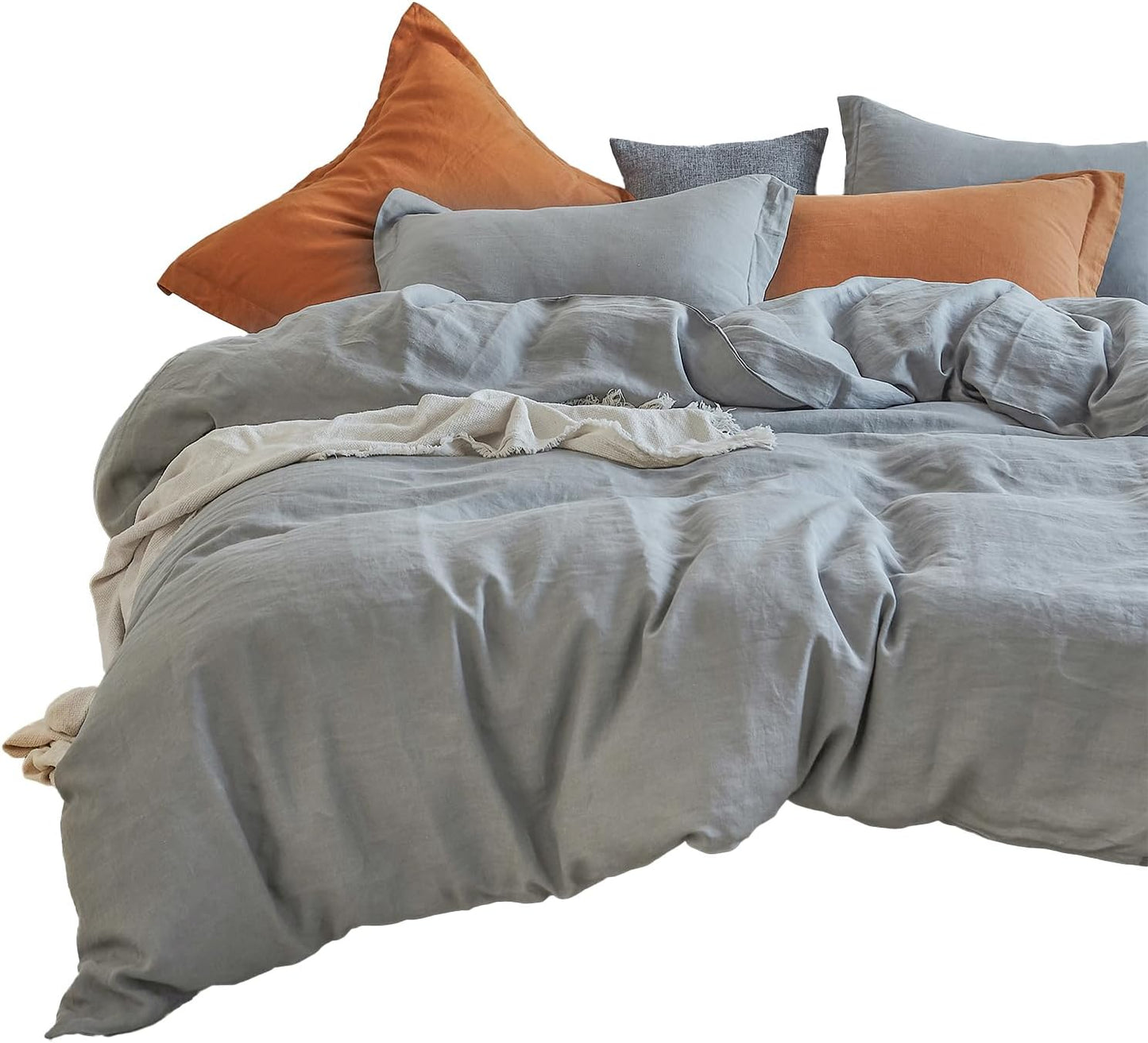 Simple&Opulence 100% Linen Duvet Cover Set 3pcs Basic Style Natural French Washed Flax Solid Color Soft Breathable Farmhouse Bedding with Button Closure - White, Queen