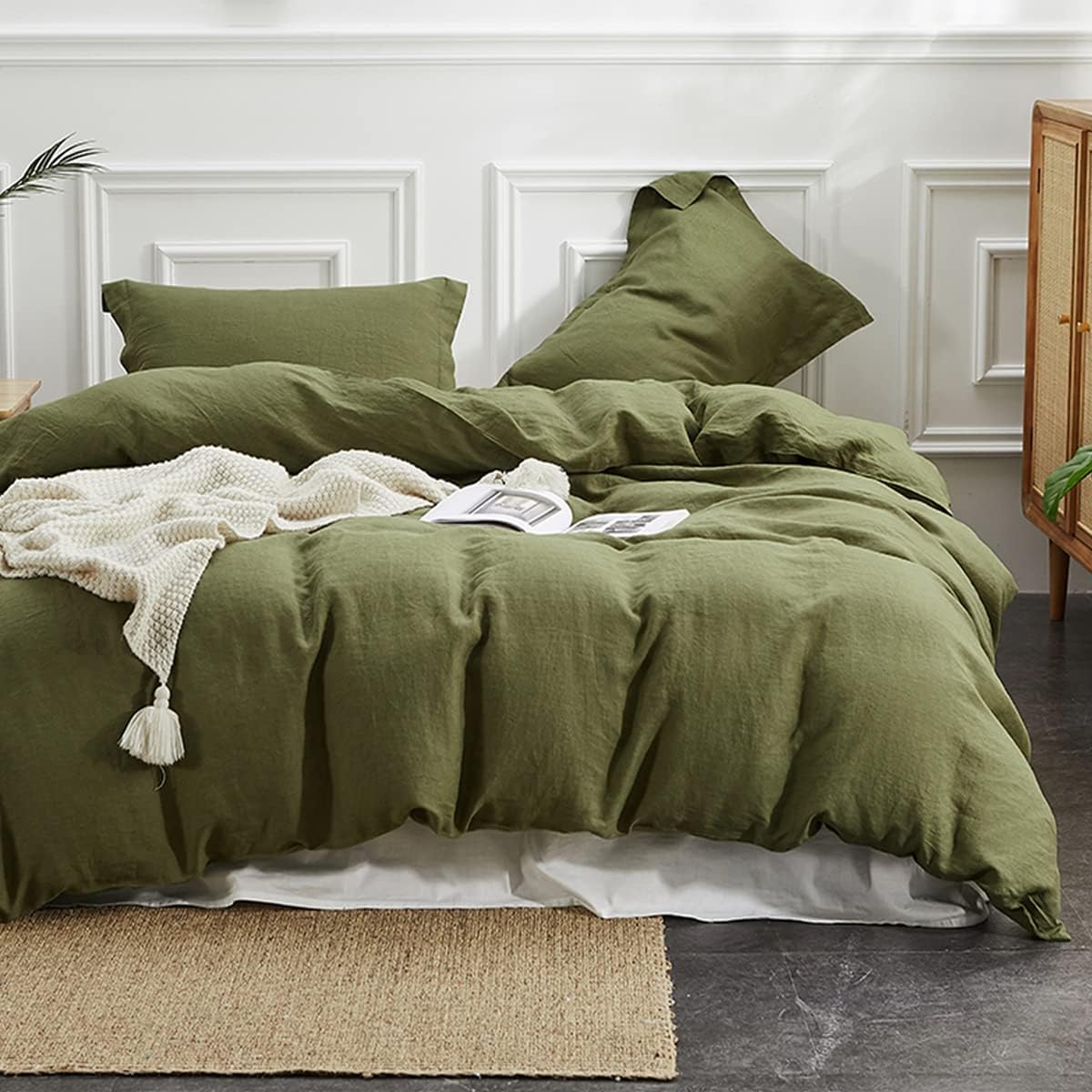 Simple&Opulence 100% Linen Duvet Cover Set 3pcs Basic Style Natural French Washed Flax Solid Color Soft Breathable Farmhouse Bedding with Button Closure - White, Queen