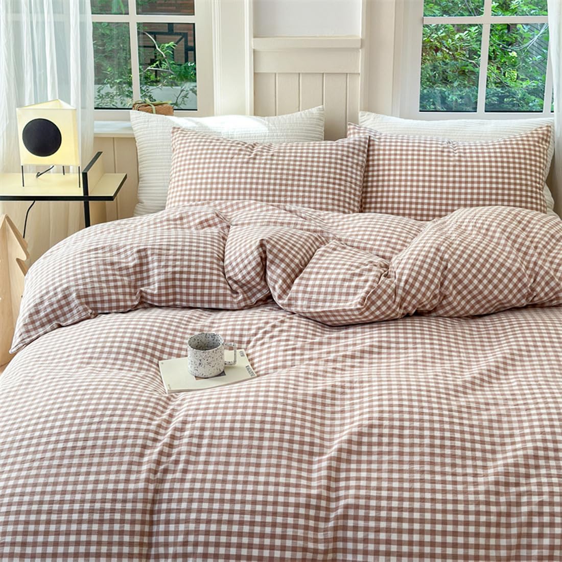 Mucalis Tan Gingham Duvet Cover King 100% Washed Cotton Beige Cream Checked Duvet Cover Set Modern Plaid 3 Piece Grid Bedding Set with Zipper Closure Corner Ties,Durable,Breathable,Easy Care