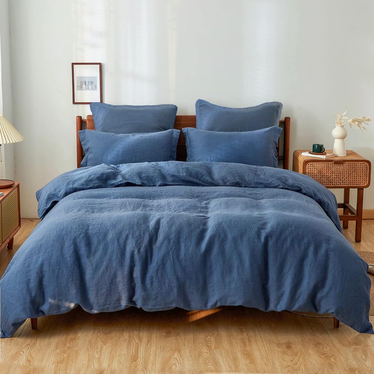 Simple&Opulence 100% Linen Duvet Cover Set 3pcs Basic Style Natural French Washed Flax Solid Color Soft Breathable Farmhouse Bedding with Button Closure - White, Queen
