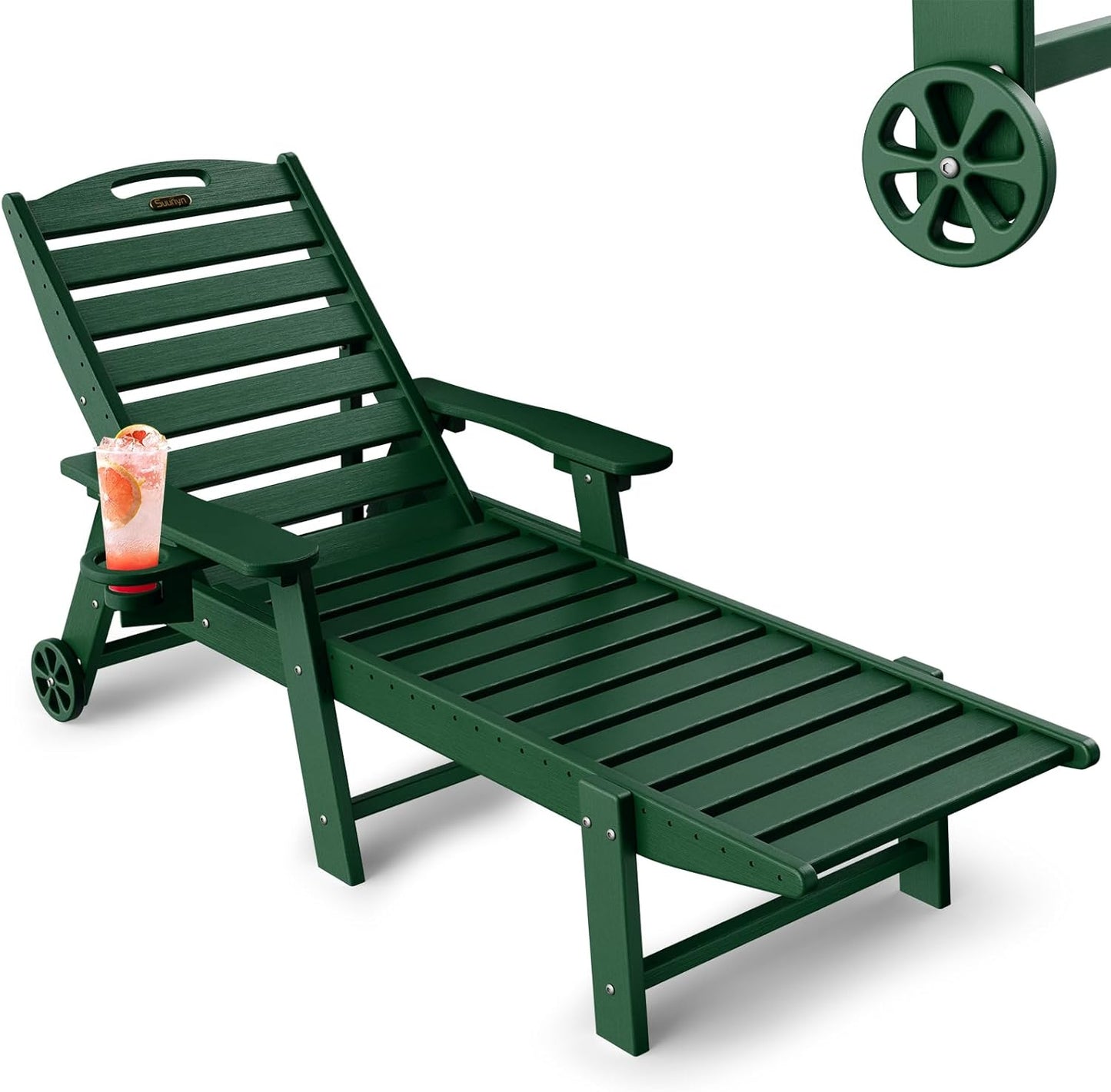 Lounge Chair Outdoor, Chaise Lounge Chair Outdoor, HDPE 6-Position Lounge Chair for Outside, Patio Lounge Chair with Wheels & Cup Holder for Pool Poolside Deck Backyard, Grey