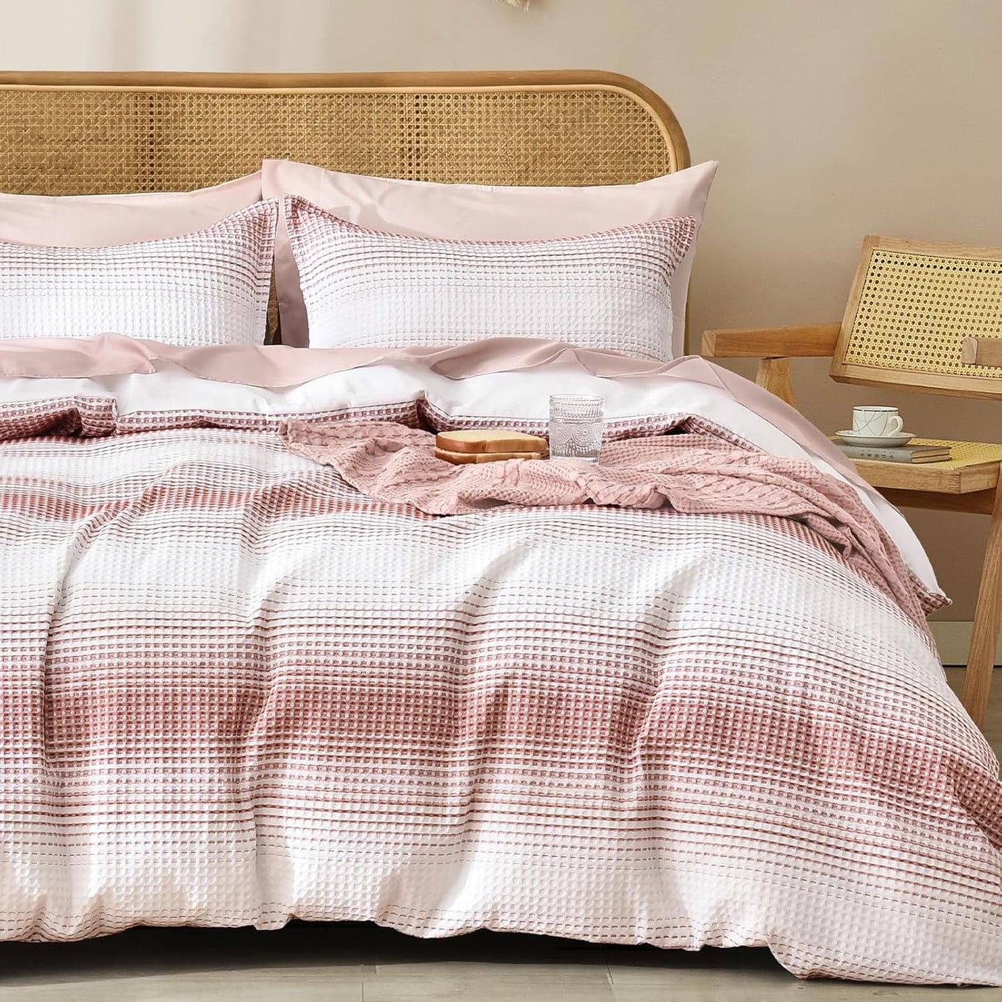 PHF Waffle Weave Duvet Cover Set Queen Size, No Snagging Ultra Soft Luxury Textured Breathable Comforter Cover for All Season 3pcs, Durable Bedding Duvet Set with 2 Pillow Shams, 90"x90", Linen