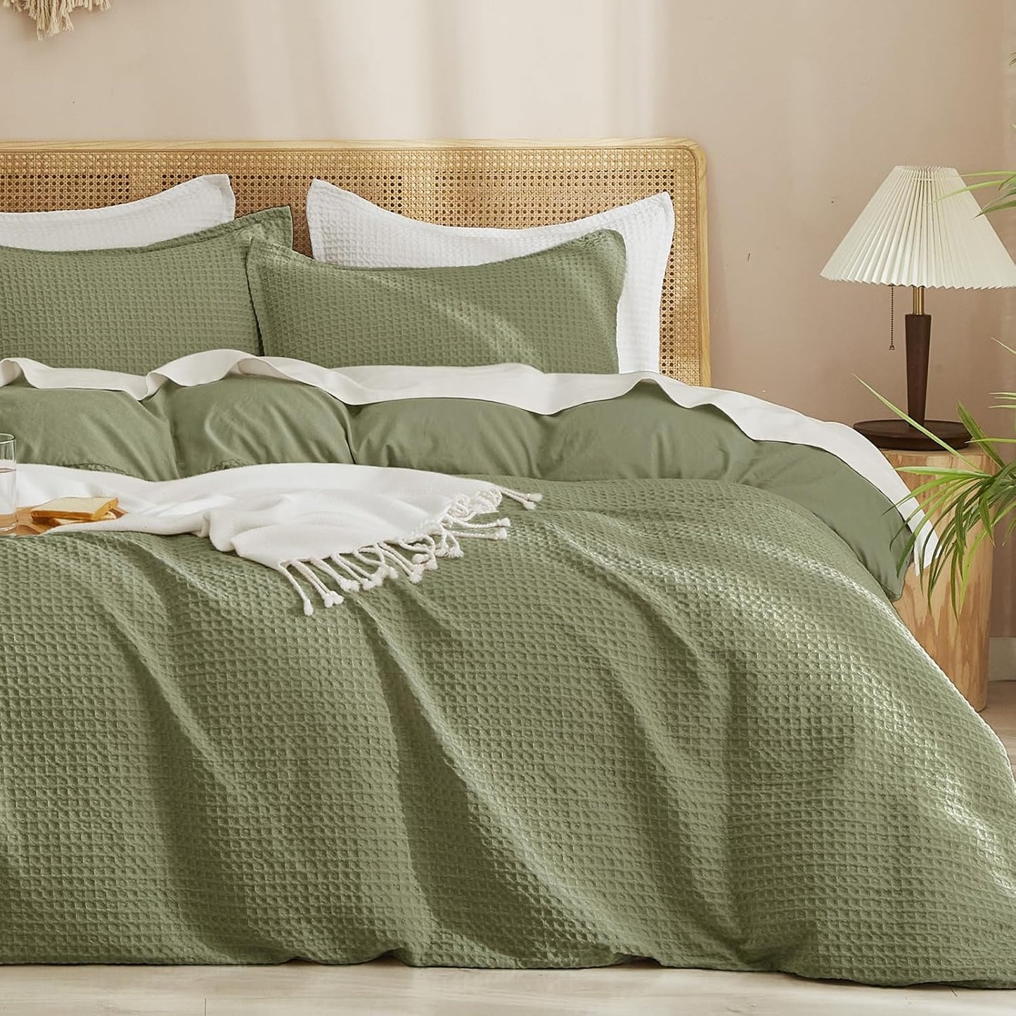 PHF Waffle Weave Duvet Cover Set Queen Size, No Snagging Ultra Soft Luxury Textured Breathable Comforter Cover for All Season 3pcs, Durable Bedding Duvet Set with 2 Pillow Shams, 90"x90", Linen