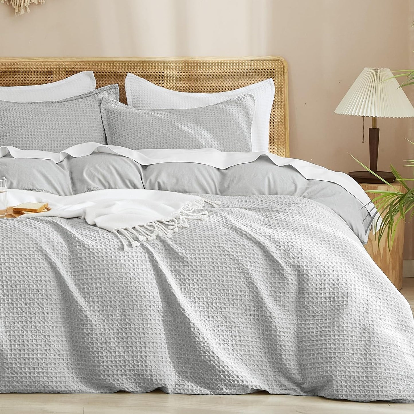 PHF Waffle Weave Duvet Cover Set Queen Size, No Snagging Ultra Soft Luxury Textured Breathable Comforter Cover for All Season 3pcs, Durable Bedding Duvet Set with 2 Pillow Shams, 90"x90", Linen