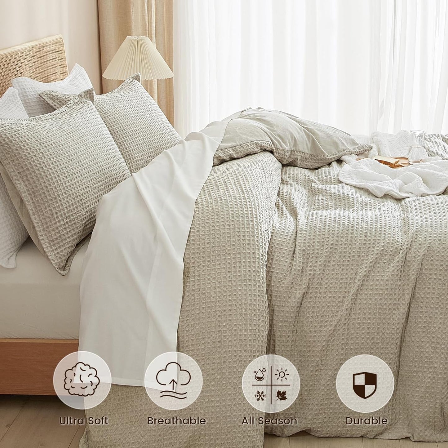 PHF Waffle Weave Duvet Cover Set Queen Size, No Snagging Ultra Soft Luxury Textured Breathable Comforter Cover for All Season 3pcs, Durable Bedding Duvet Set with 2 Pillow Shams, 90"x90", Linen