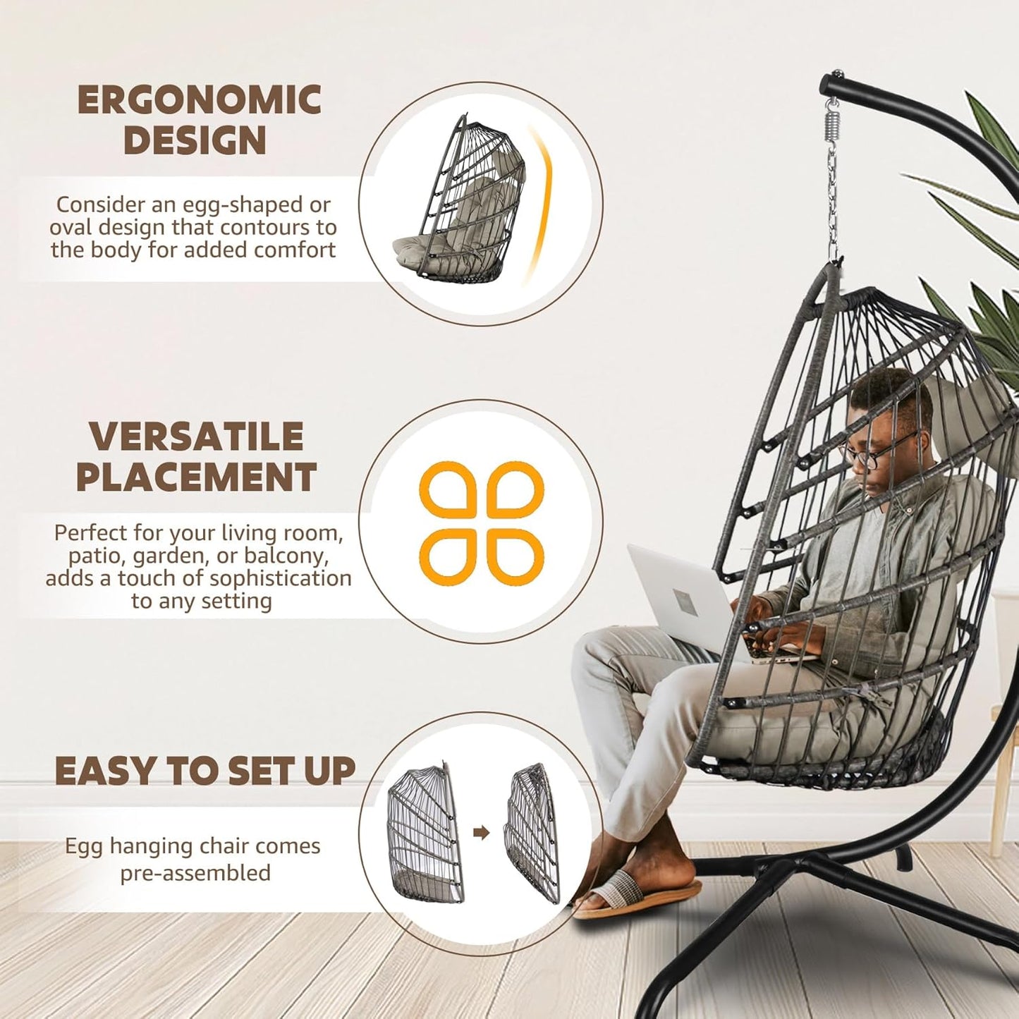 Chihee Egg Chair Foldable Wicker Rattan Hanging Chair Swing Chair Indoor Outdoor Patio Wicker Chair Hammock Chair with Stainless Steel Hanging Kit Chain Link UV Resistant Cushion Bedroom Balcony