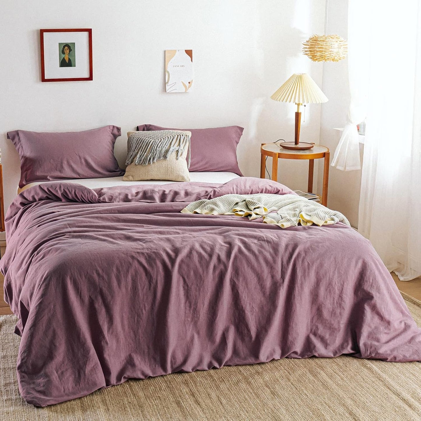 Simple&Opulence 100% Linen Duvet Cover Set 3pcs Basic Style Natural French Washed Flax Solid Color Soft Breathable Farmhouse Bedding with Button Closure - White, Queen