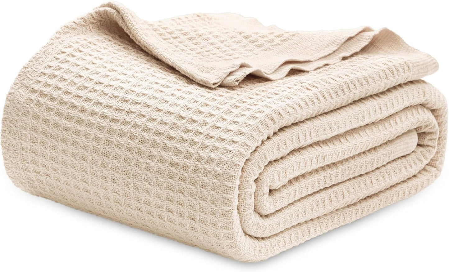 Bedsure 100% Cotton Blanket Queen Size for Bed - Breathable and Soft, Waffle Weave Blanket for Summer Spring, White, 90x90 Inches