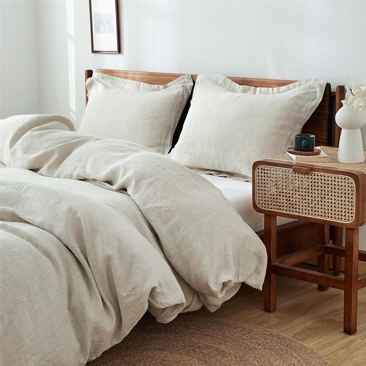 Simple&Opulence 100% Linen Duvet Cover Set 3pcs Basic Style Natural French Washed Flax Solid Color Soft Breathable Farmhouse Bedding with Button Closure - White, Queen