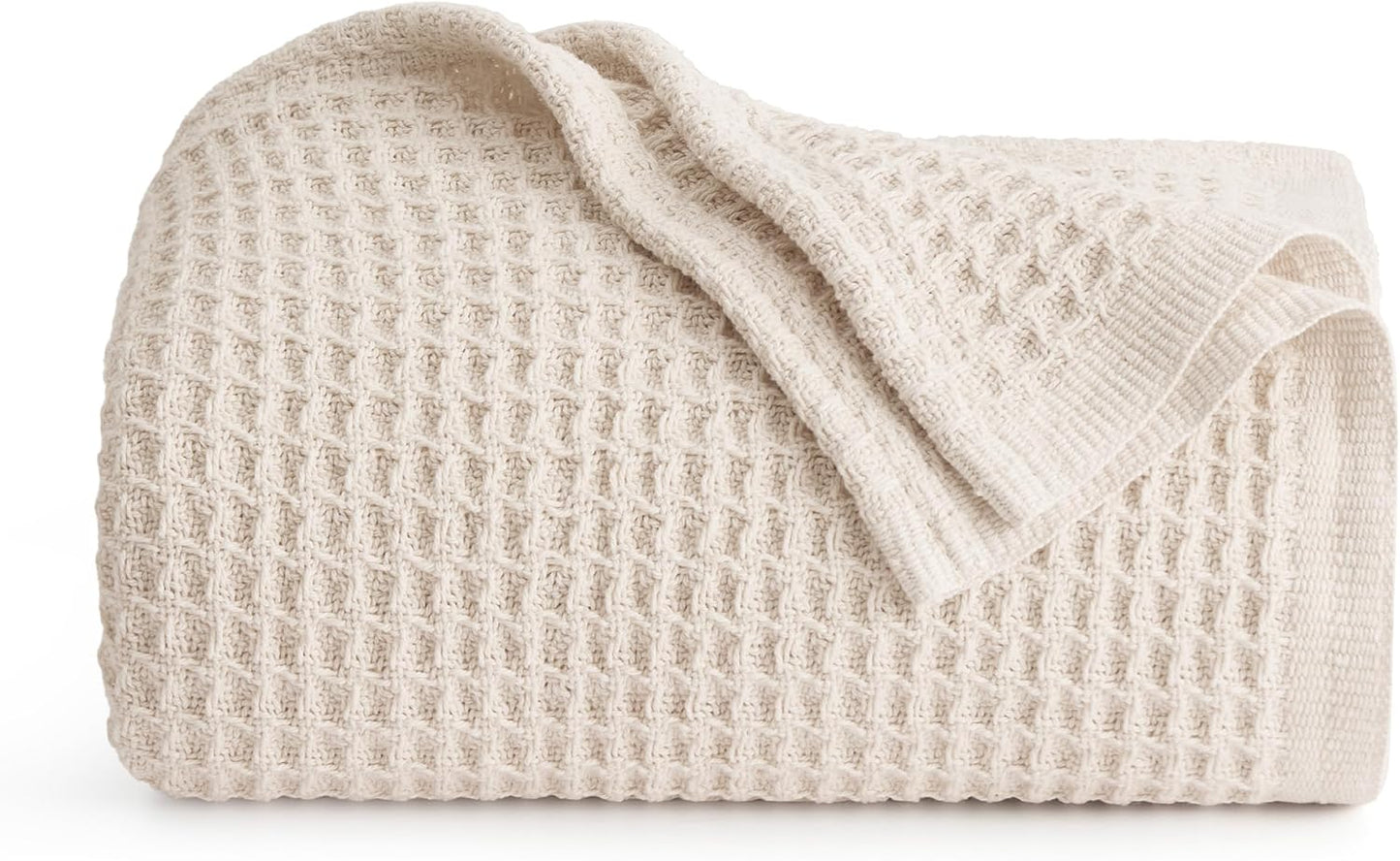 Bedsure 100% Cotton Blanket Queen Size for Bed - Breathable and Soft, Waffle Weave Blanket for Summer Spring, White, 90x90 Inches