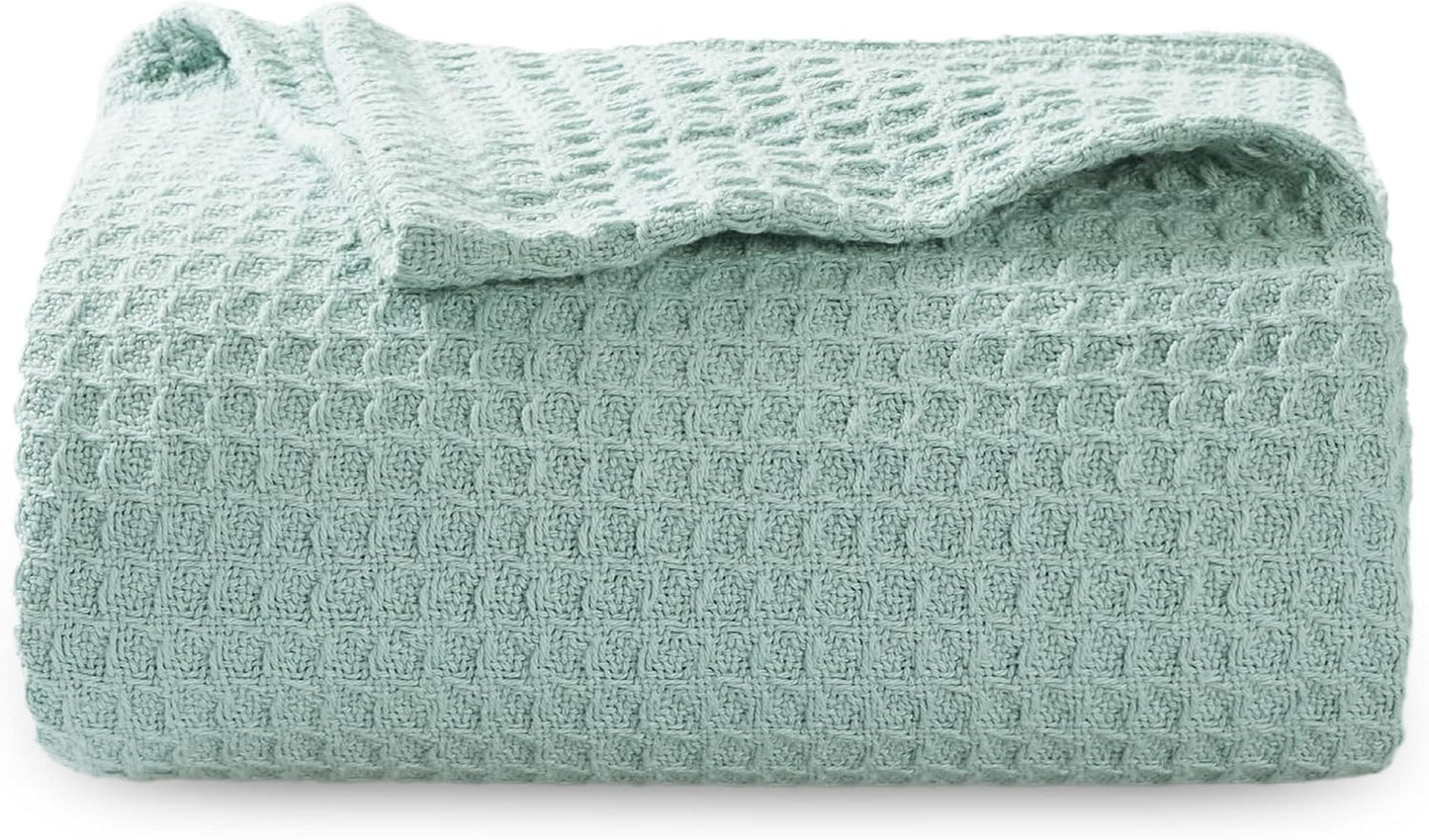 Bedsure 100% Cotton Blanket Queen Size for Bed - Breathable and Soft, Waffle Weave Blanket for Summer Spring, White, 90x90 Inches