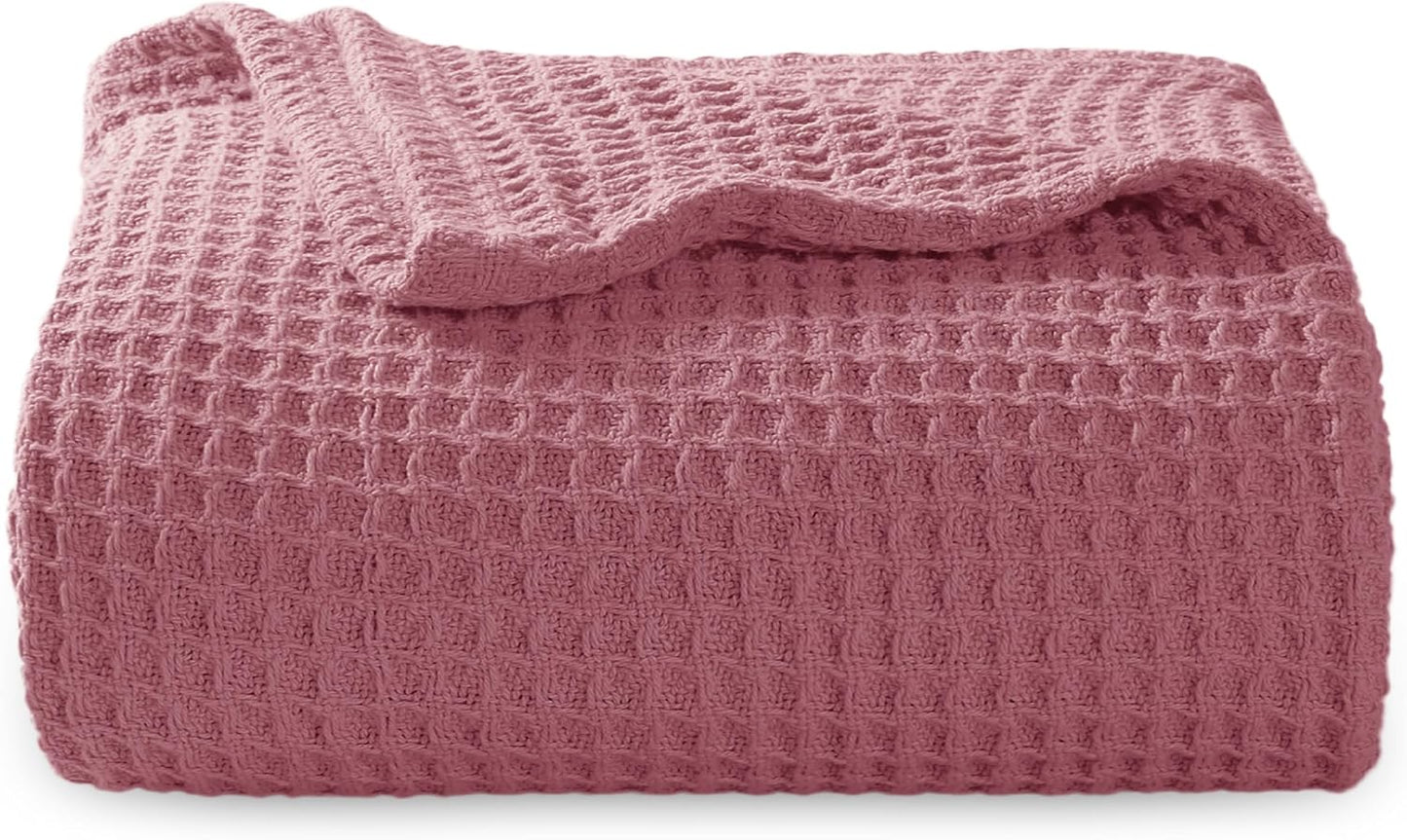 Bedsure 100% Cotton Blanket Queen Size for Bed - Breathable and Soft, Waffle Weave Blanket for Summer Spring, White, 90x90 Inches