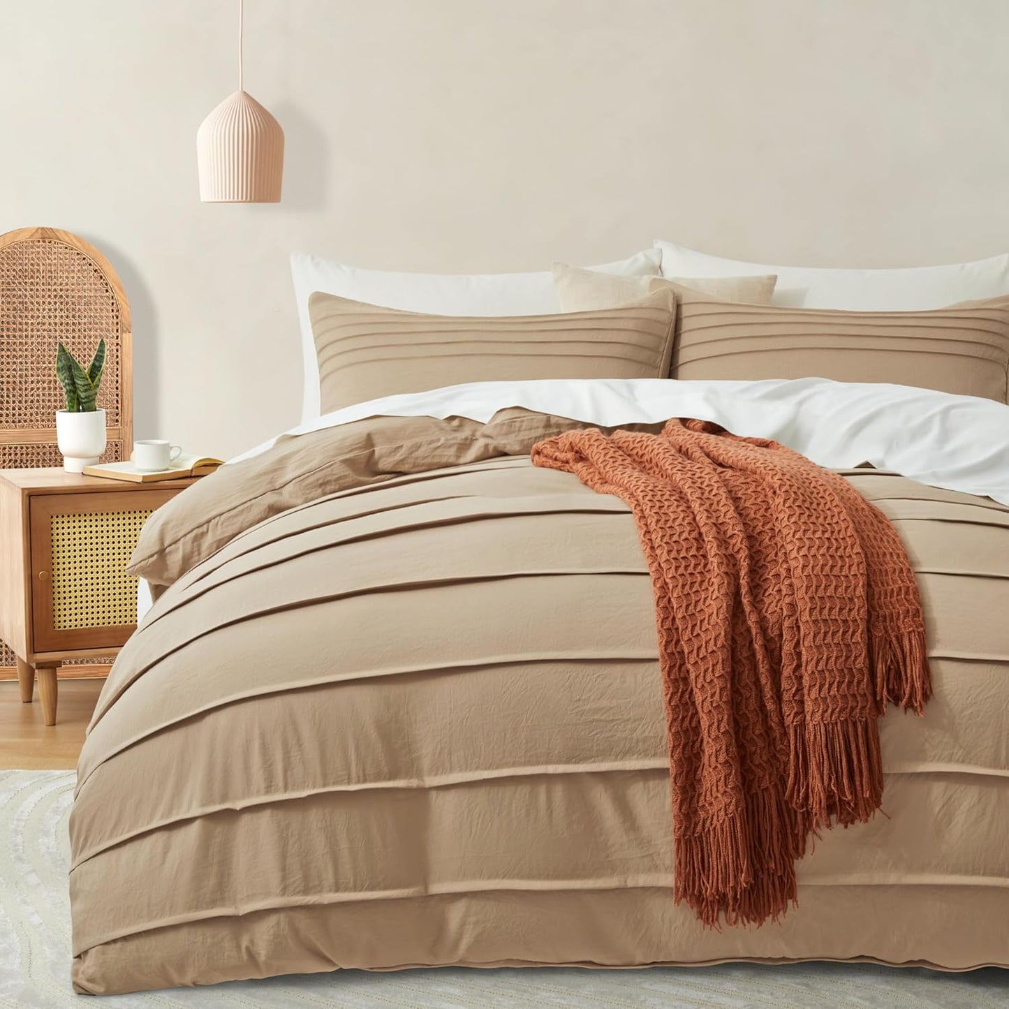 Oli Anderson Beige Duvet Cover King Size - Pleated King Duvet Cover, 3PCS Soft and Breathable Textured Bedding Set with Zipper Closure(Beige,104"x90")