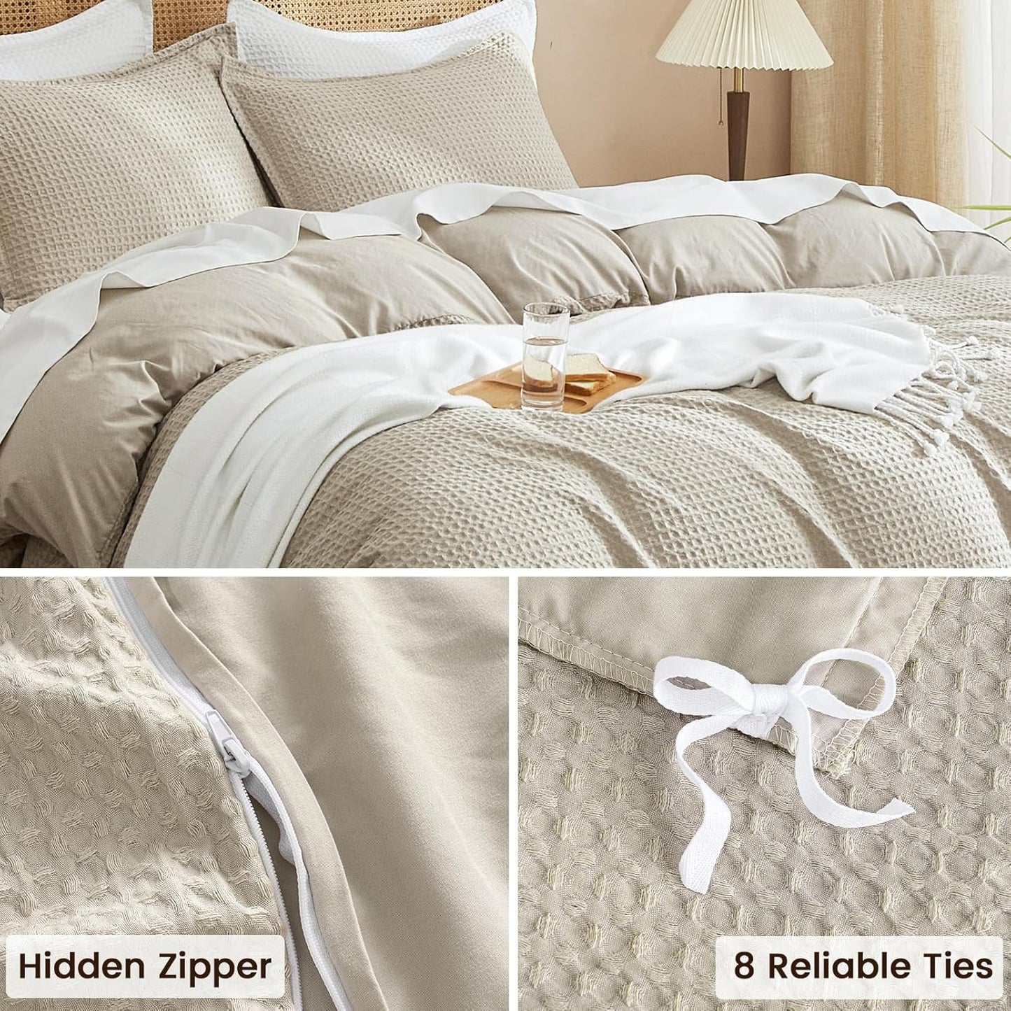 PHF Waffle Weave Duvet Cover Set Queen Size, No Snagging Ultra Soft Luxury Textured Breathable Comforter Cover for All Season 3pcs, Durable Bedding Duvet Set with 2 Pillow Shams, 90"x90", Linen