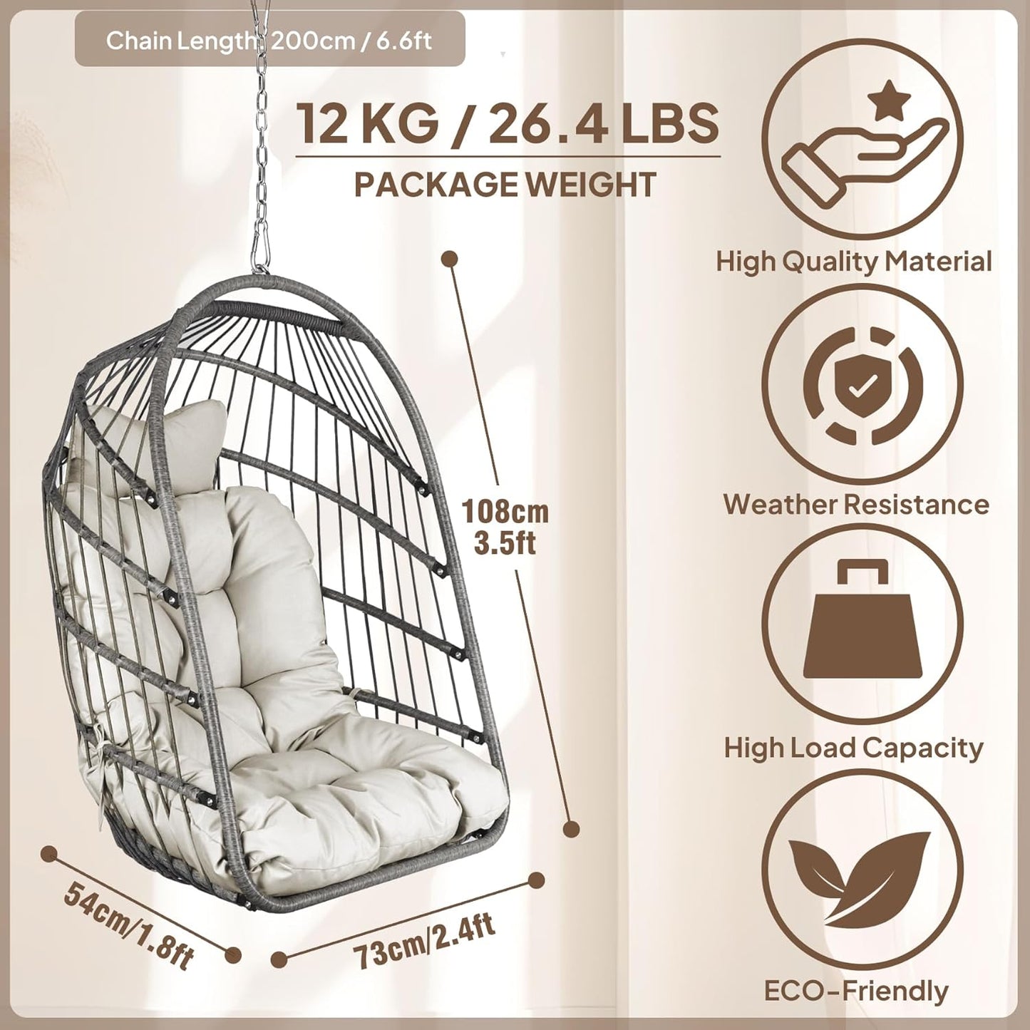 Chihee Egg Chair Foldable Wicker Rattan Hanging Chair Swing Chair Indoor Outdoor Patio Wicker Chair Hammock Chair with Stainless Steel Hanging Kit Chain Link UV Resistant Cushion Bedroom Balcony