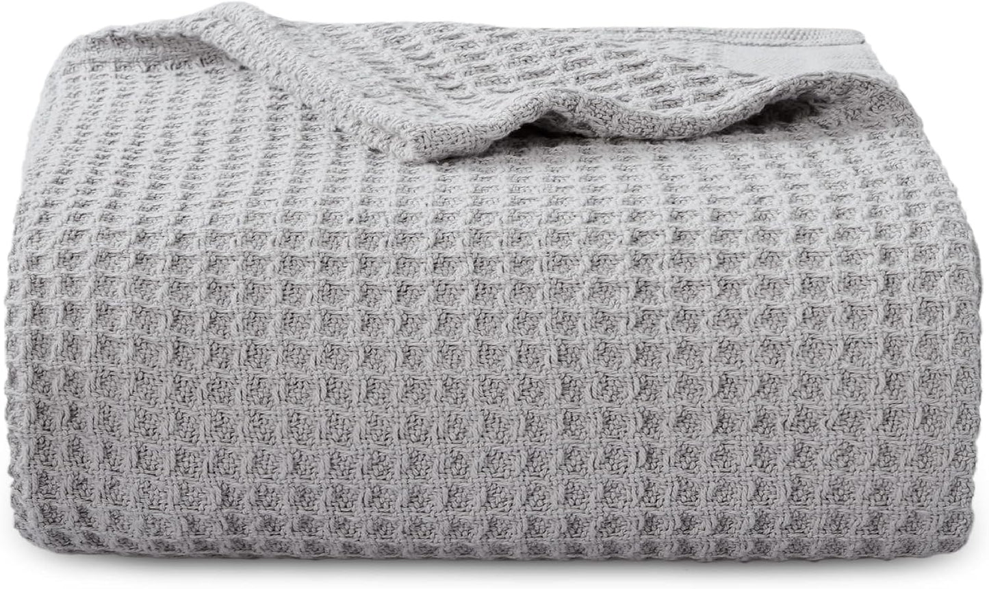 Bedsure 100% Cotton Blanket Queen Size for Bed - Breathable and Soft, Waffle Weave Blanket for Summer Spring, White, 90x90 Inches