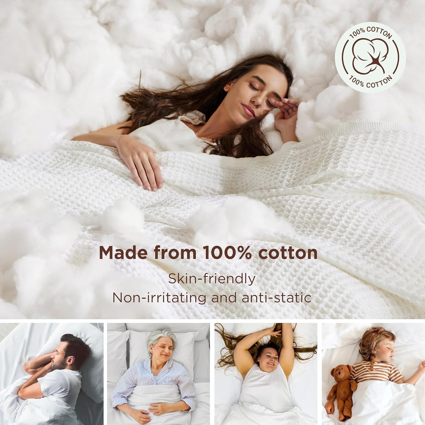 Bedsure 100% Cotton Blanket Queen Size for Bed - Breathable and Soft, Waffle Weave Blanket for Summer Spring, White, 90x90 Inches
