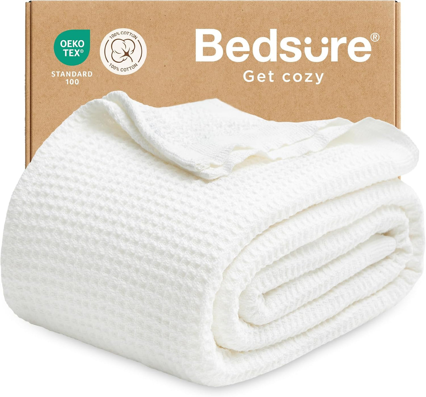 Bedsure 100% Cotton Blanket Queen Size for Bed - Breathable and Soft, Waffle Weave Blanket for Summer Spring, White, 90x90 Inches