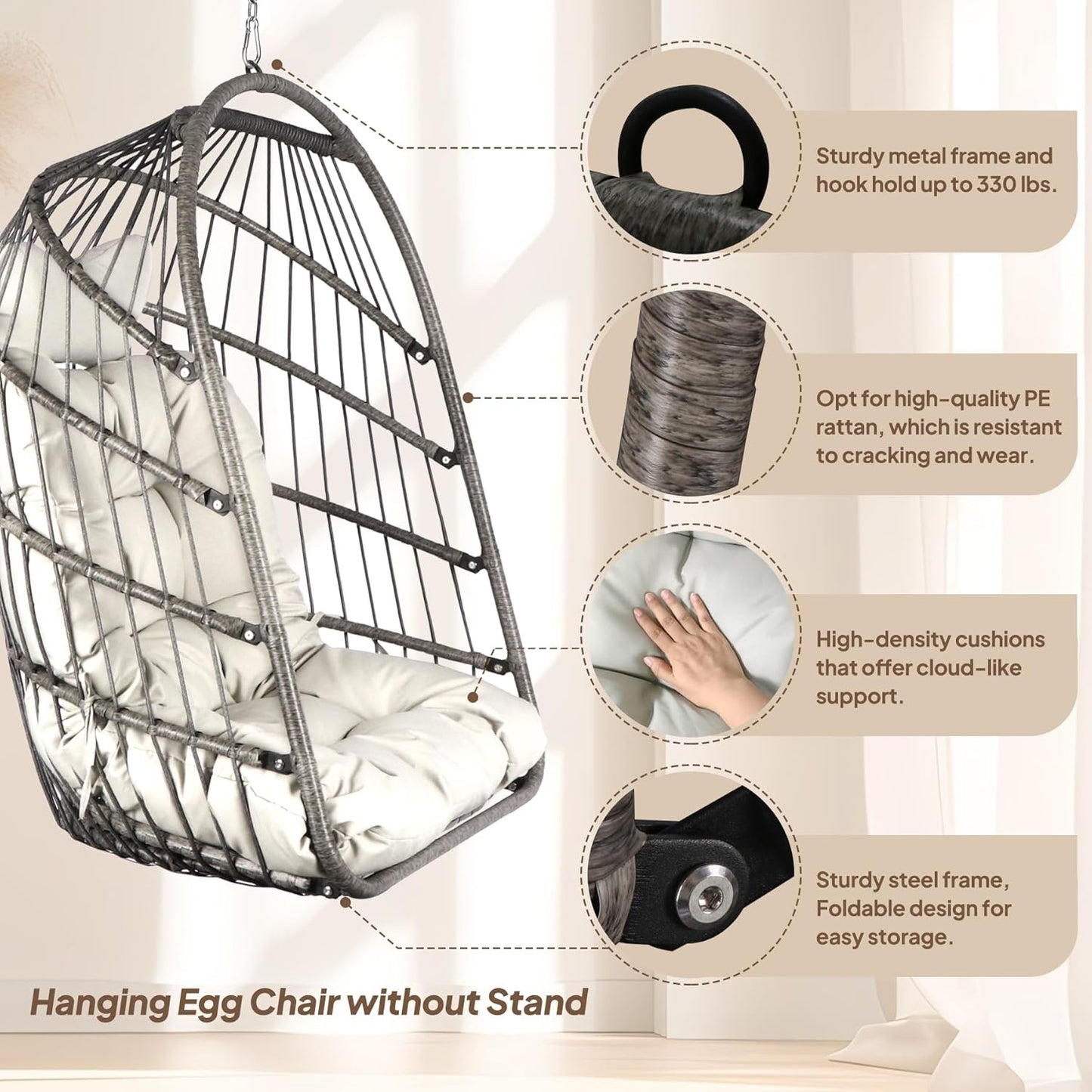 Chihee Egg Chair Foldable Wicker Rattan Hanging Chair Swing Chair Indoor Outdoor Patio Wicker Chair Hammock Chair with Stainless Steel Hanging Kit Chain Link UV Resistant Cushion Bedroom Balcony