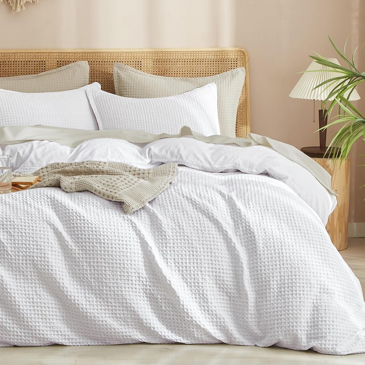 PHF Waffle Weave Duvet Cover Set Queen Size, No Snagging Ultra Soft Luxury Textured Breathable Comforter Cover for All Season 3pcs, Durable Bedding Duvet Set with 2 Pillow Shams, 90"x90", Linen